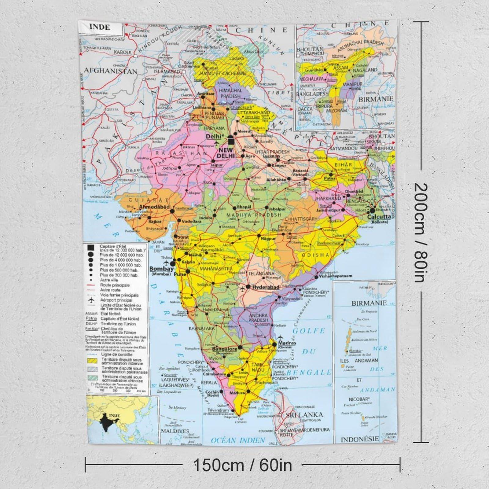 Affiches de carte du monde de l'Inde - Impressions d'art cool - Impression d'art mural à suspendre - Décoration d'intérieur - Idée cadeau - 152,4 x 203,2 cm