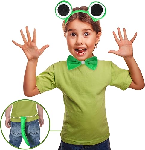 Miniatura 3 de Skeleteen Juego de accesorios para disfraz de rana, diadema de felpa con ojos de rana verde, corbatín y cola para niños pequeños