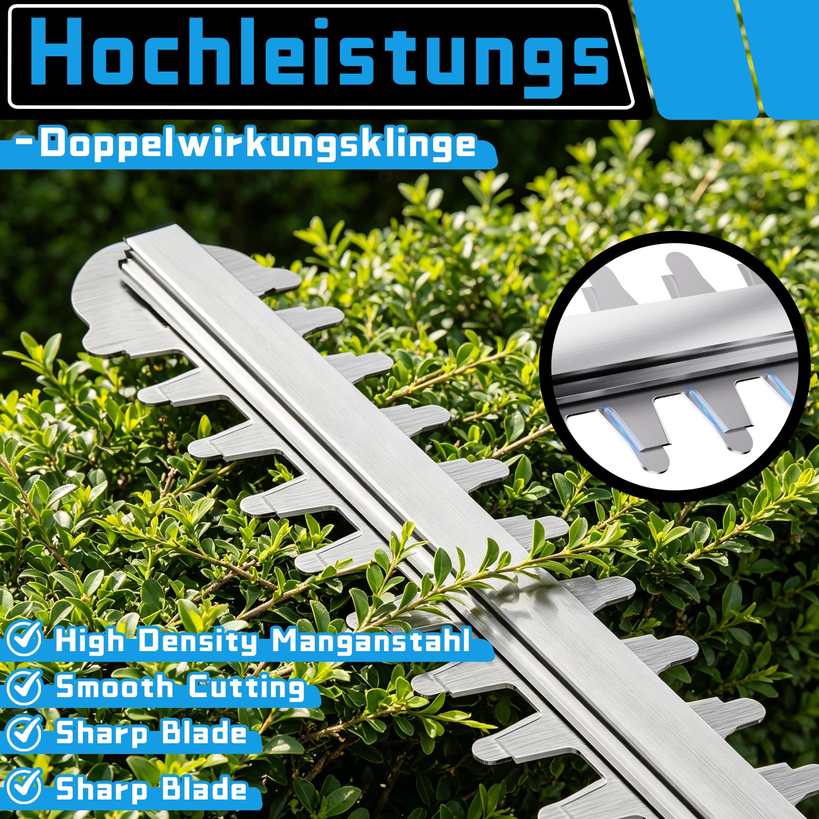 Akku Heckenschere Bürstenlos,Elektrische Heckenschere mit 2X 4,0Ah Akku und Ladegerät,1200W Bürstenloser Motor 52cm Schnittlänge 180° Einstellbarer Messerkopf, 14mm Schnittbreite für Gartenpflege