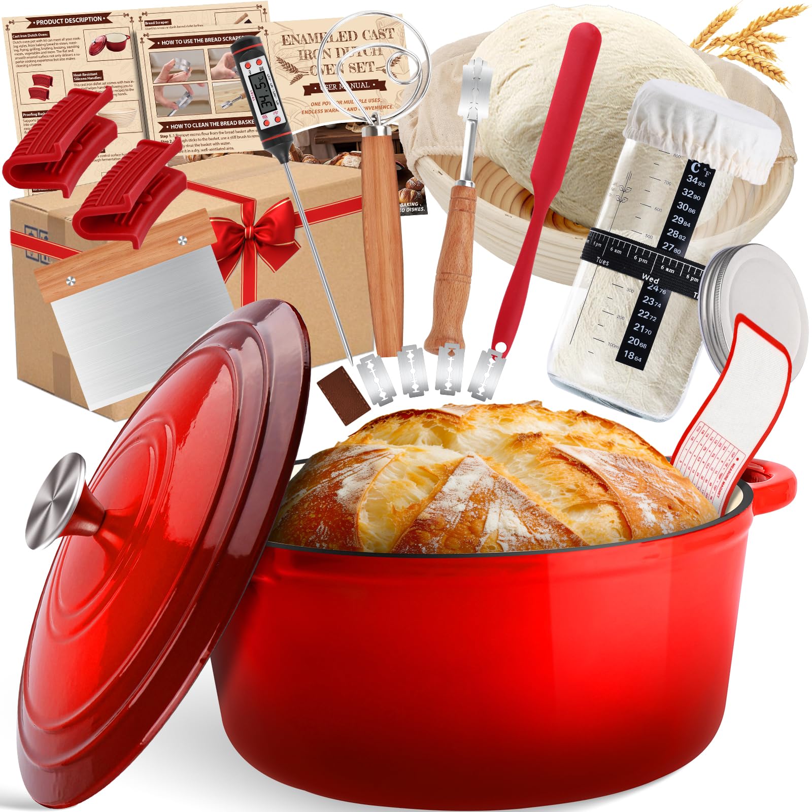 NZQXJXZ Gusseisen Topf Brot Backen, 26cm Emaille Schmortopf mit Deckel Brotbackform mit Banneton Brot Gärkorb Sauerteig Brotbacken Zubehör, 2-in-1 Brotbacktopf mit Pfanne Deckel Kochen Pan