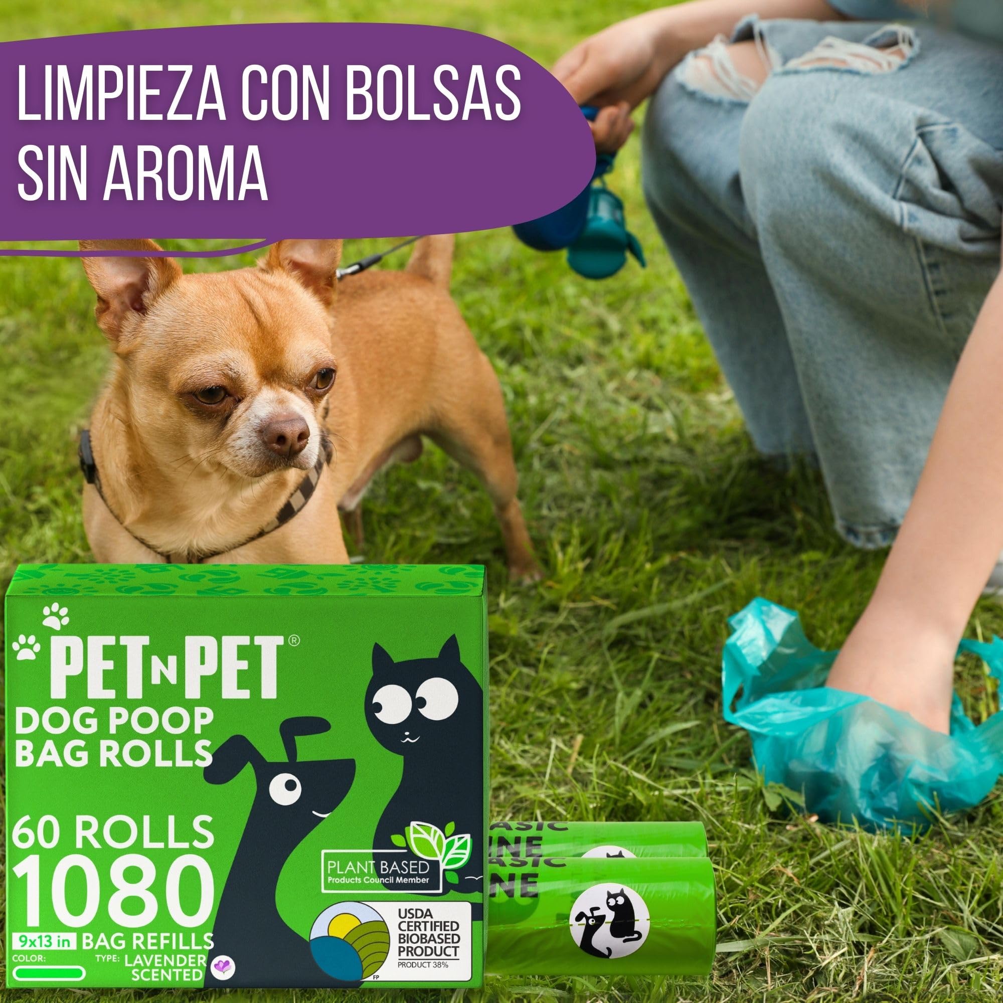 PET N PET Bolsas Caca Perro, 1080 Unidades (60 Rollos), Bolsas Perro Caca Extra Resistentes, 41% Biobased USDA Certified, Bolsas para Excrementos de Perros, Dog Poop Bags, Lavendelduft