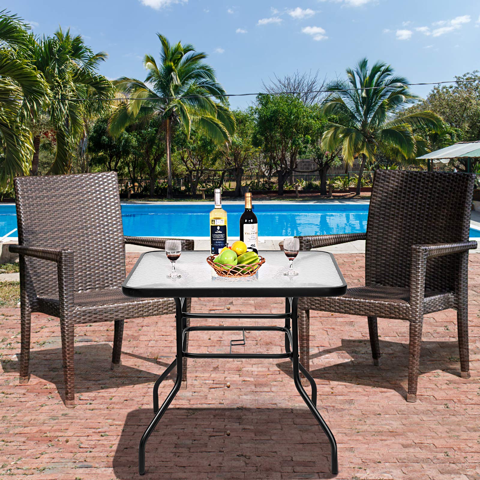 COSTWAY Gartentisch quadratisch, 80x80x71cm, Balkontisch mit Schirmloch, Terrassentisch mit Tischplatte aus gehärtetem Glas, Outdoor-Esstisch für 4 Personen, für Garten, Terrasse, Balkon
