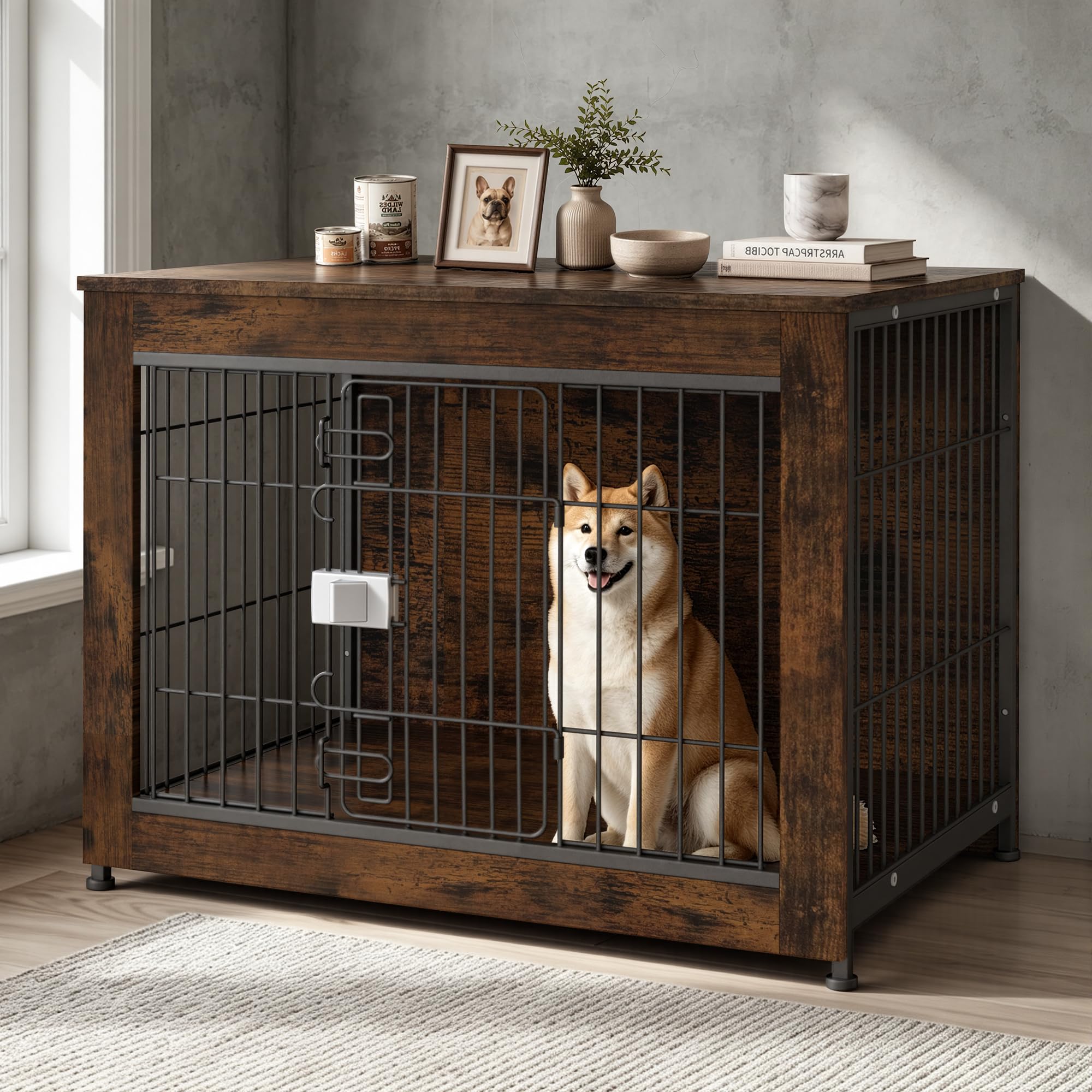 Wooden Dog Crate Furniture, 32in Dog Cage Furniture with Slide Safety Latch, Indoor Decorative End Table for High Anxiety Dogs, Furniture Style Dog