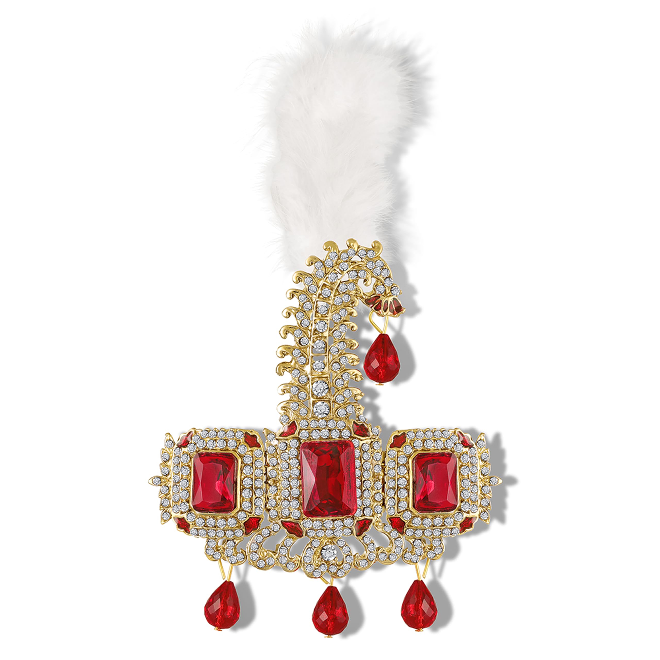 Premium Groom Kalangi for Wedding | Gold-Plated with Red White Crystals & Feather | Men’s Safa Pagdi Brooch | Rajputi Maharaja Style Turban Pin (KL1001026GRed)-image-26