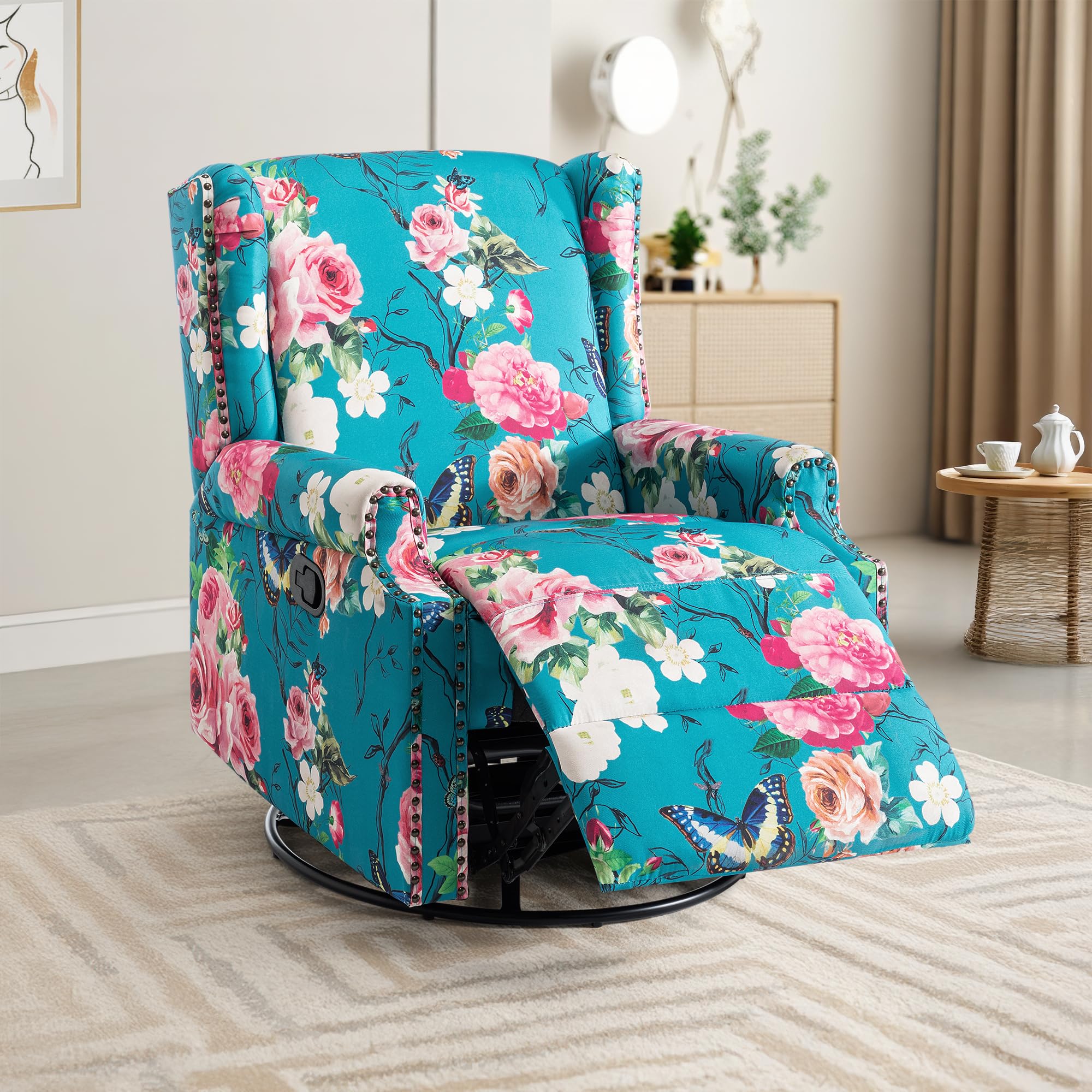 Wingback Swivel Rocker Recliner Chair, Floral Glider Chair, Peacock Blue