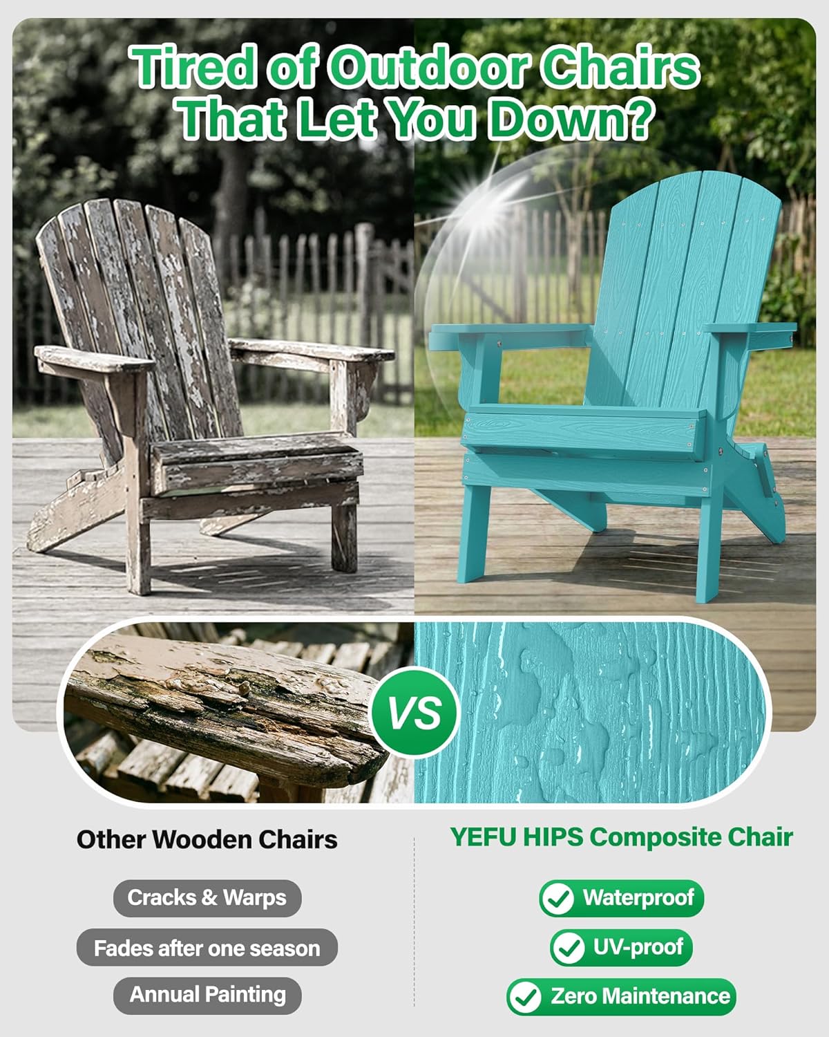 YEFU Adirondack Chair, Oversized Plastic Adirondack Chair Folding Outdoor Chairs with Cup Holder, Lawn Chair with Weather Resistant for Outside Deck Lawn Garden, Weight Capacity Up to 400 Lbs –Aruba