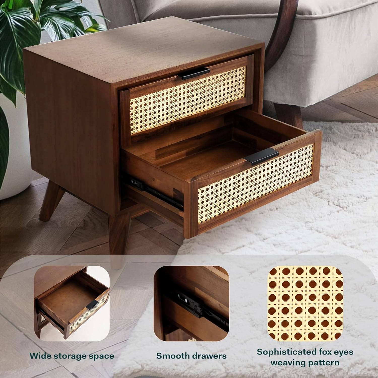 Bme Jasper Deluxe Solid Wood Rattan Nightstand Fully Assembled-Mid Century Modern Side Table with 2 Drawers-Multipurpose use for Living Room, Bedroom-Dark Chocolate