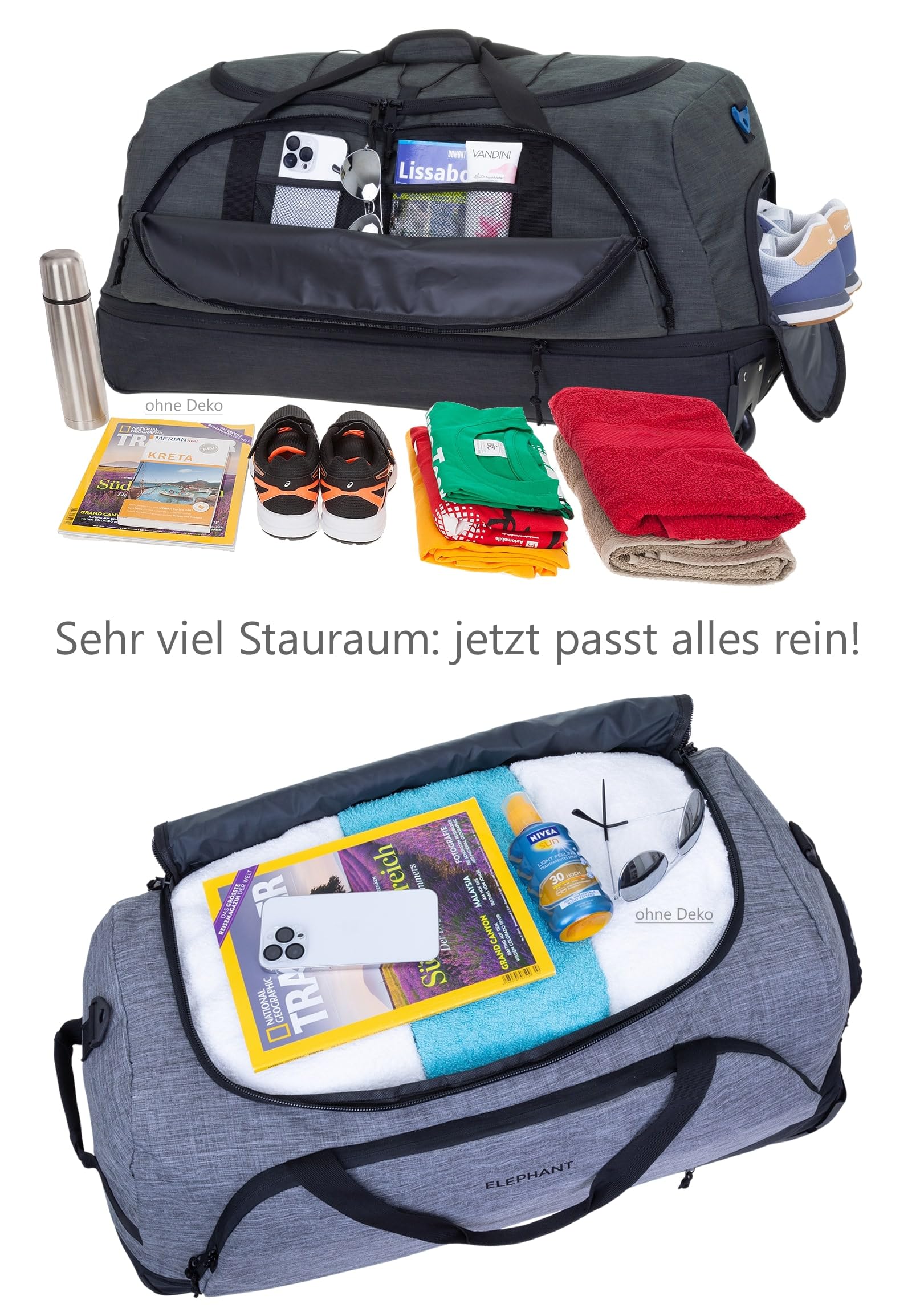 Elephant Reisetrolley Cruiser Travel Trolley 13031 Anthrazit Gun Oliv | Koffer Weichgepäck Reisetasche Reise Urlaub 100-135 Liter Dehnfalte Schuhfach Seitenfach Flach verstaubar