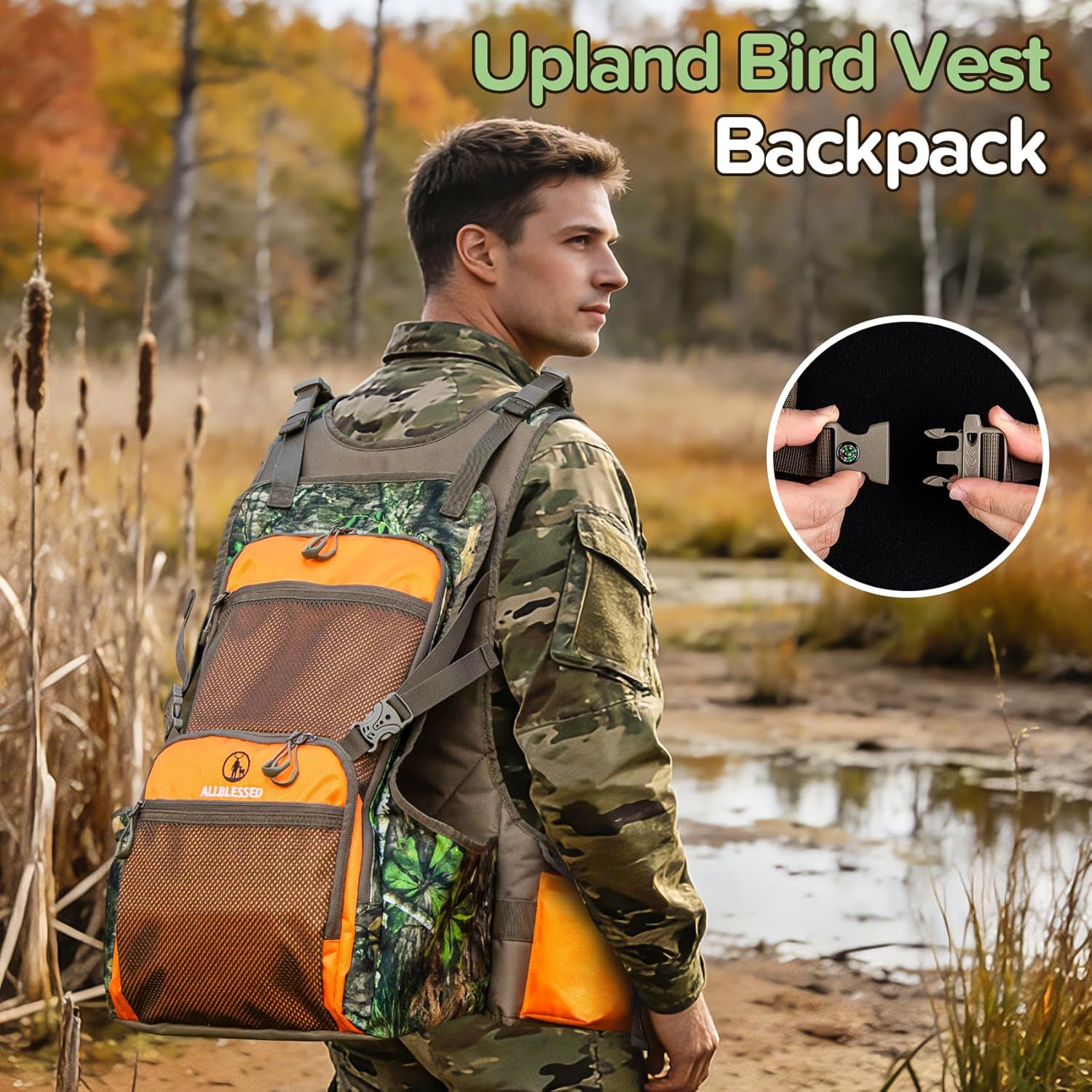 Upland Hunting Vest Backpack - Durable Orange Camo Game Vest with Multiple Pockets, Adjustable Fit, Bird Hunting Vest for Men