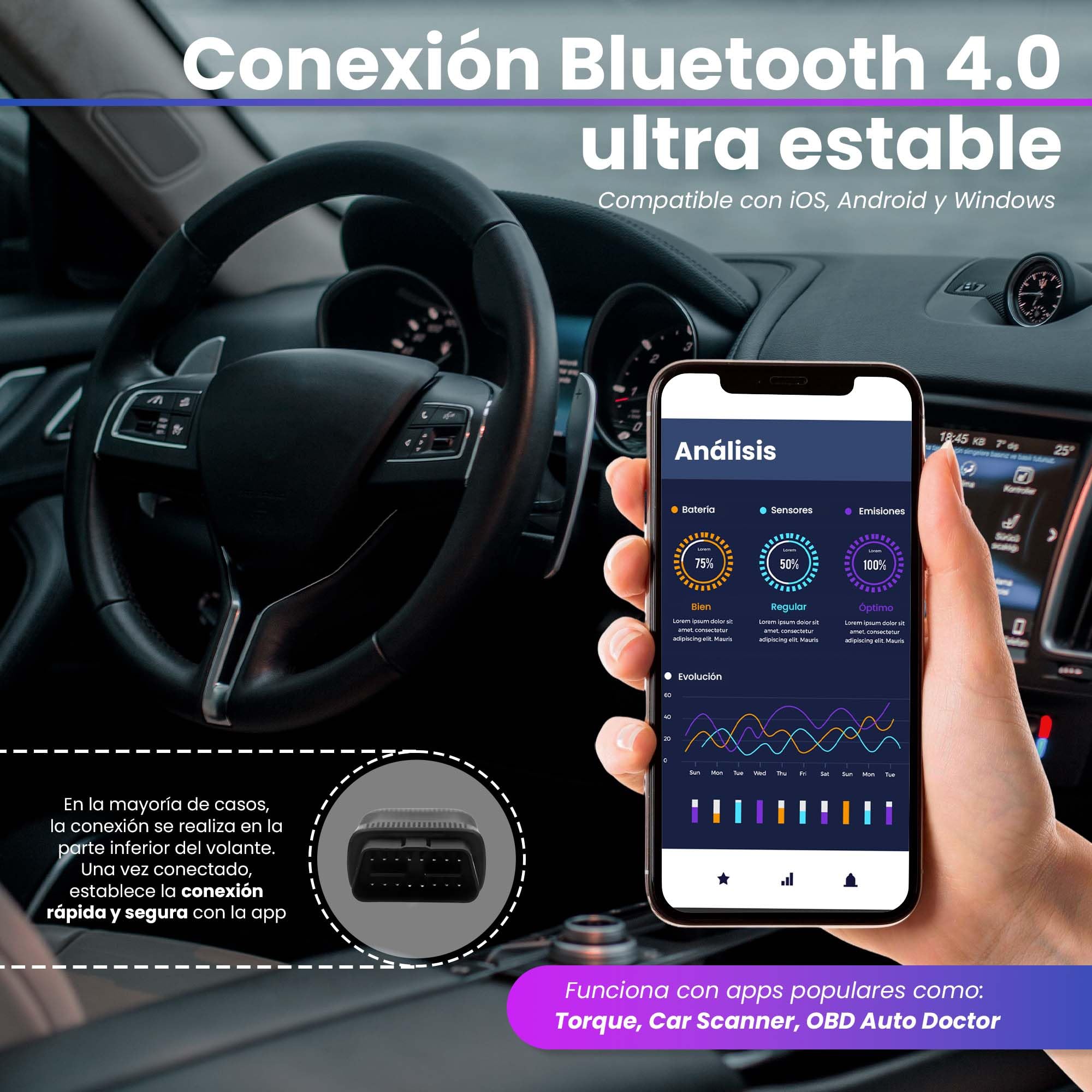 Obd2 Multi-brand Car Diagnosis - Car Diagnosis Machine for Faults and Errors - Obd2 Diagnosis Bluetooth 4.0 for iOS, Android and Windows - Wireless Mini Diagnostic Automotive Scanner. — view 2