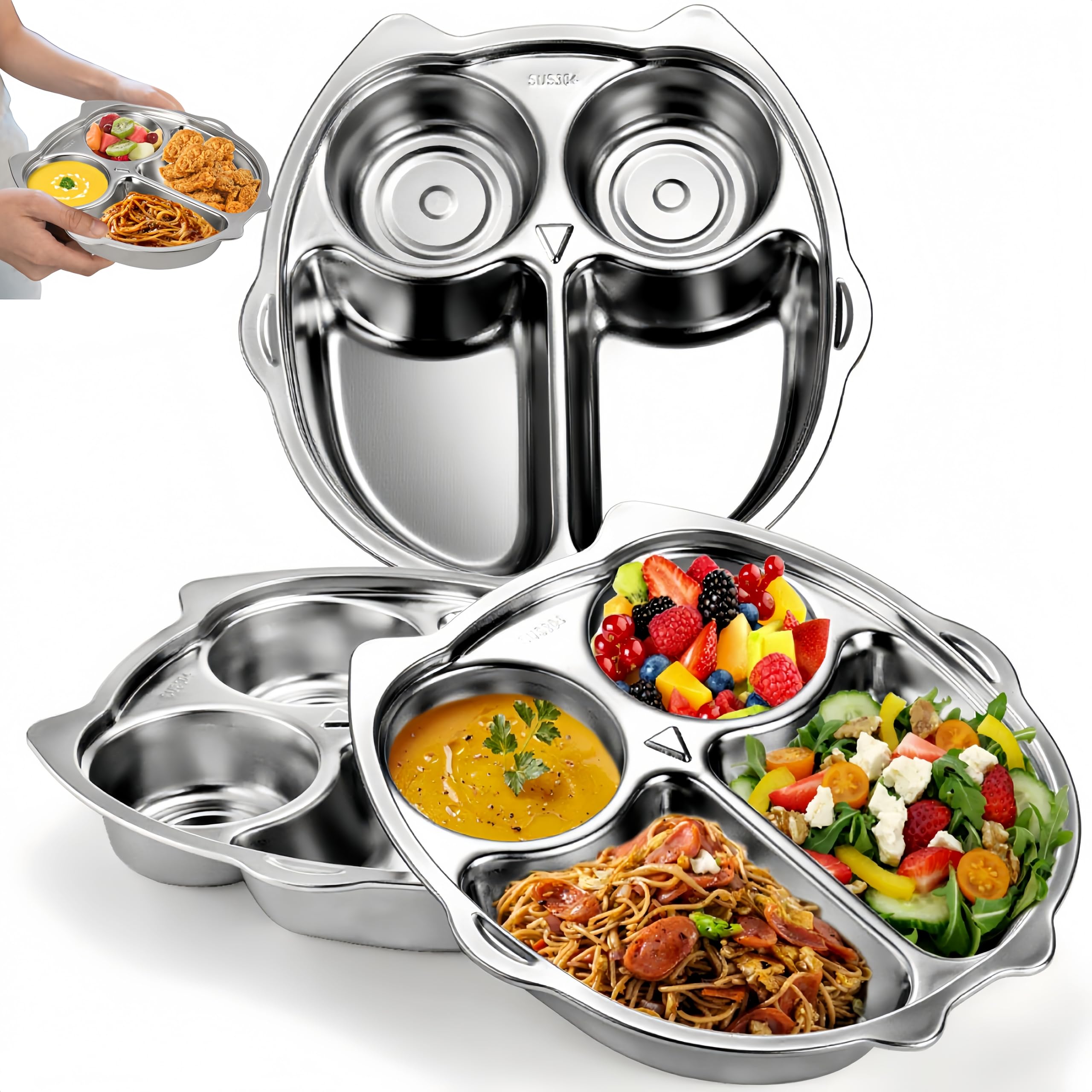 3 Pack Stainless Steel Divided Plates, 9 Inch 304 Dinner Platter, Diet Portion Control Tray, 4 Sections Owl Shape Meal Plate for Adult Children Picky Eaters, Camping Dish Lunch Snack