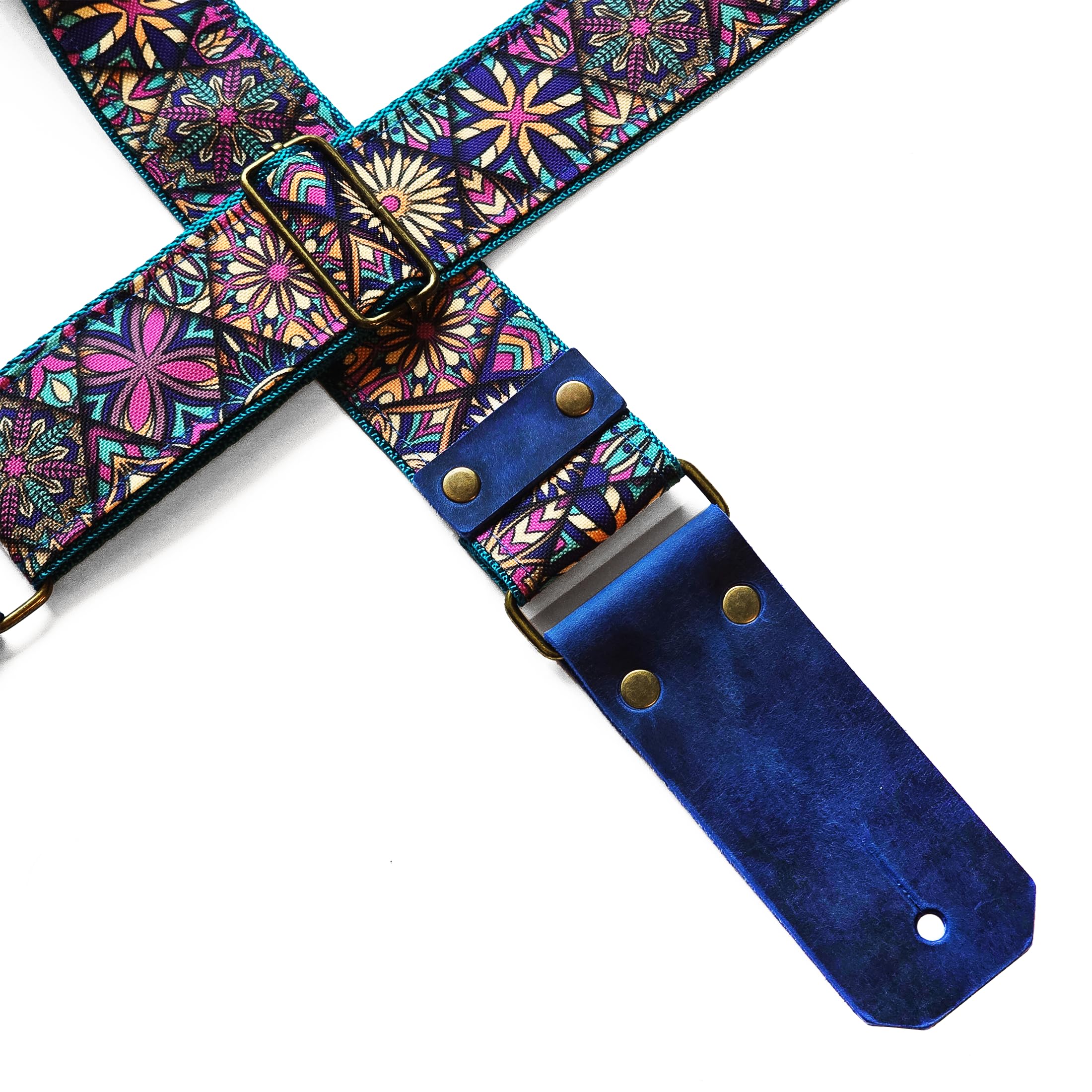 BigBo Blau & Türkis Gitarrengurt Orientalischer Gurt mit Plektrumhalter Vintage Gitarrengurt Geometrisches Design Natutal Leder Enden