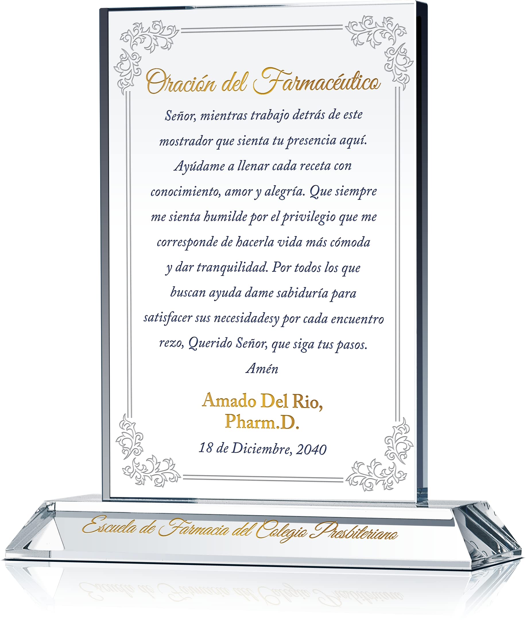 Placa de graduación con la oración del farmacéutico para hijo, hija, novio, novia, hermano, hermana, o los amigos, personalizada con nombre del graduado, datos de la escuela y la fecha