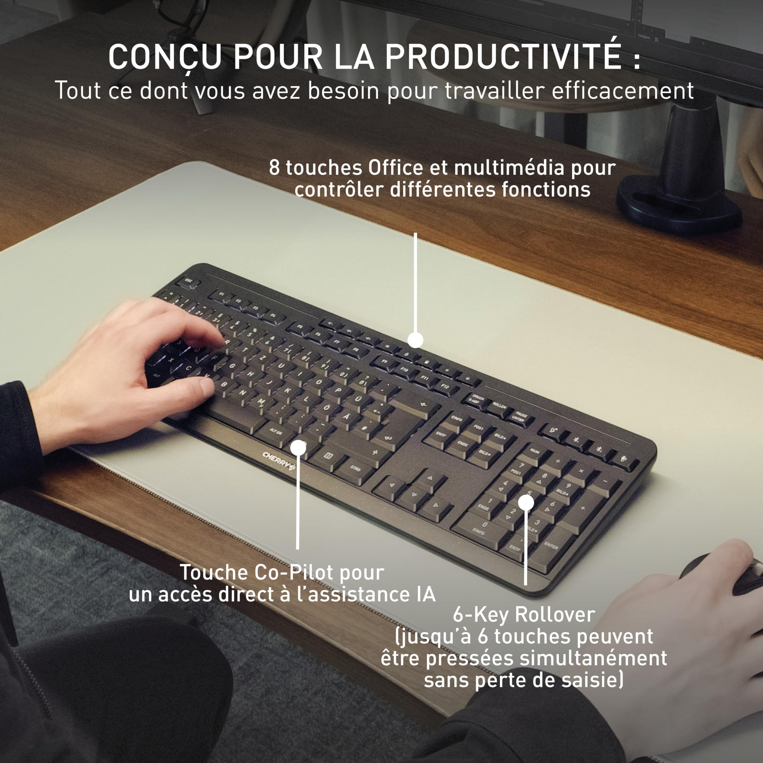 CHERRY Stream Keyboard Ultimate, Clavier sans Fil Multi-Appareils, Disposition US (QWERTY), Connexion Via Bluetooth, 2,4 GHz & Câble, Rétroéclairé, Noir