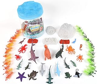Sunny Days Entertainment Sea Creature Bucket â€“ 56 Piece Toy Play Set for Kids | Aquatic Animals Plastic Figures Playset with Storage Bucket
