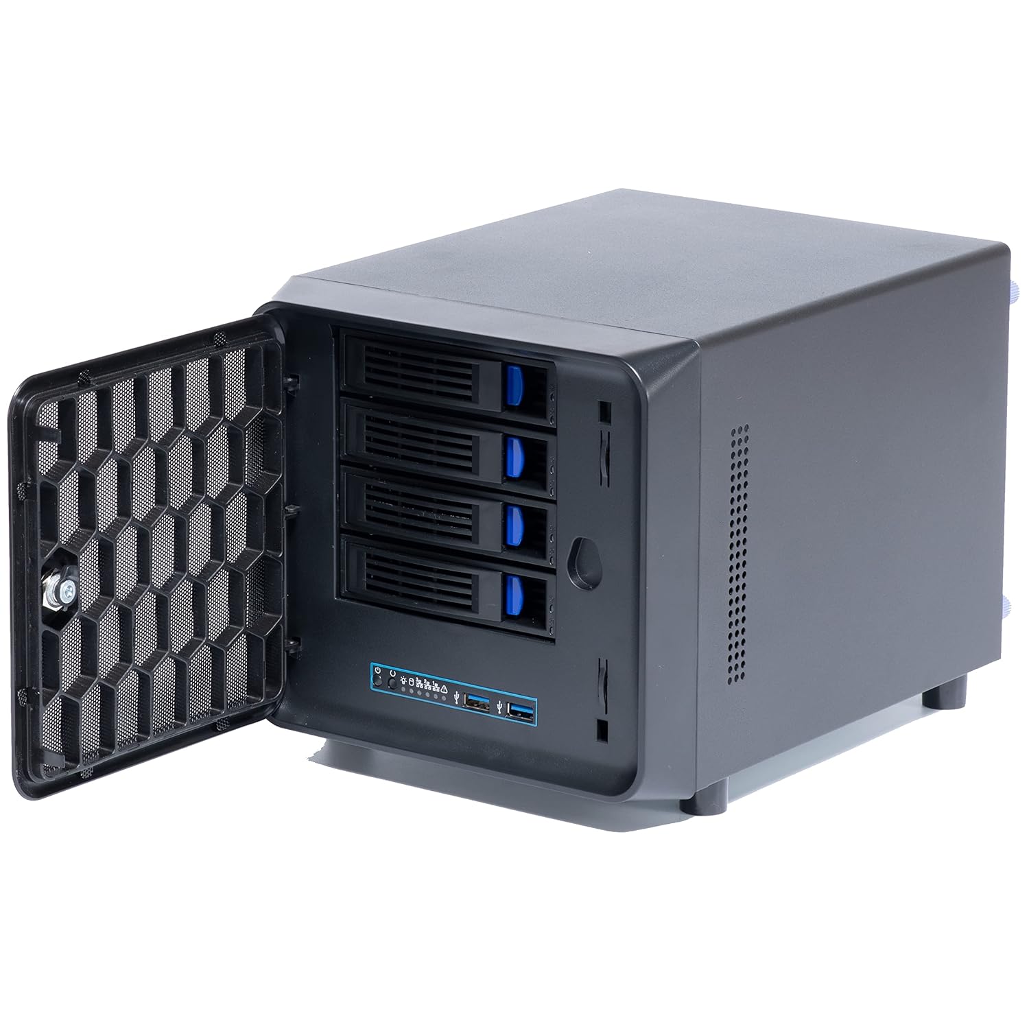 4 + 1 Bay DIY NAS Case, 4 x 2.5/3.5 Tray + 1 x 2.5 Internal Bay. Compatible ITX MB Flex PSU. with Front USB 3.0 8cm Chassis Fan Hot Swap Backplane. Network Attached Storage Enclosure.