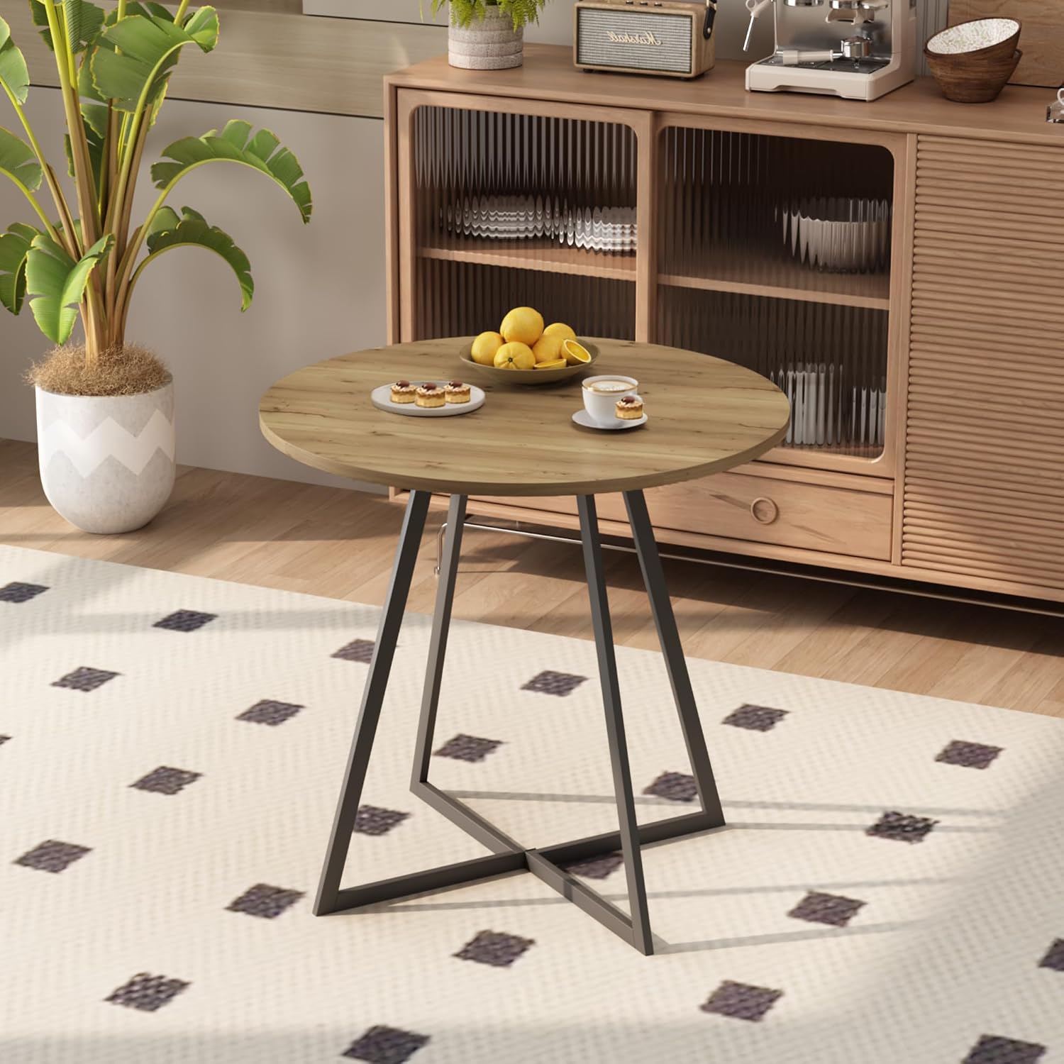 Round Dining Table with Metal Black Legs,31.5 Inch Circle Brown Kitchen Table Modern Dining Room Smal Table for 2-4 People