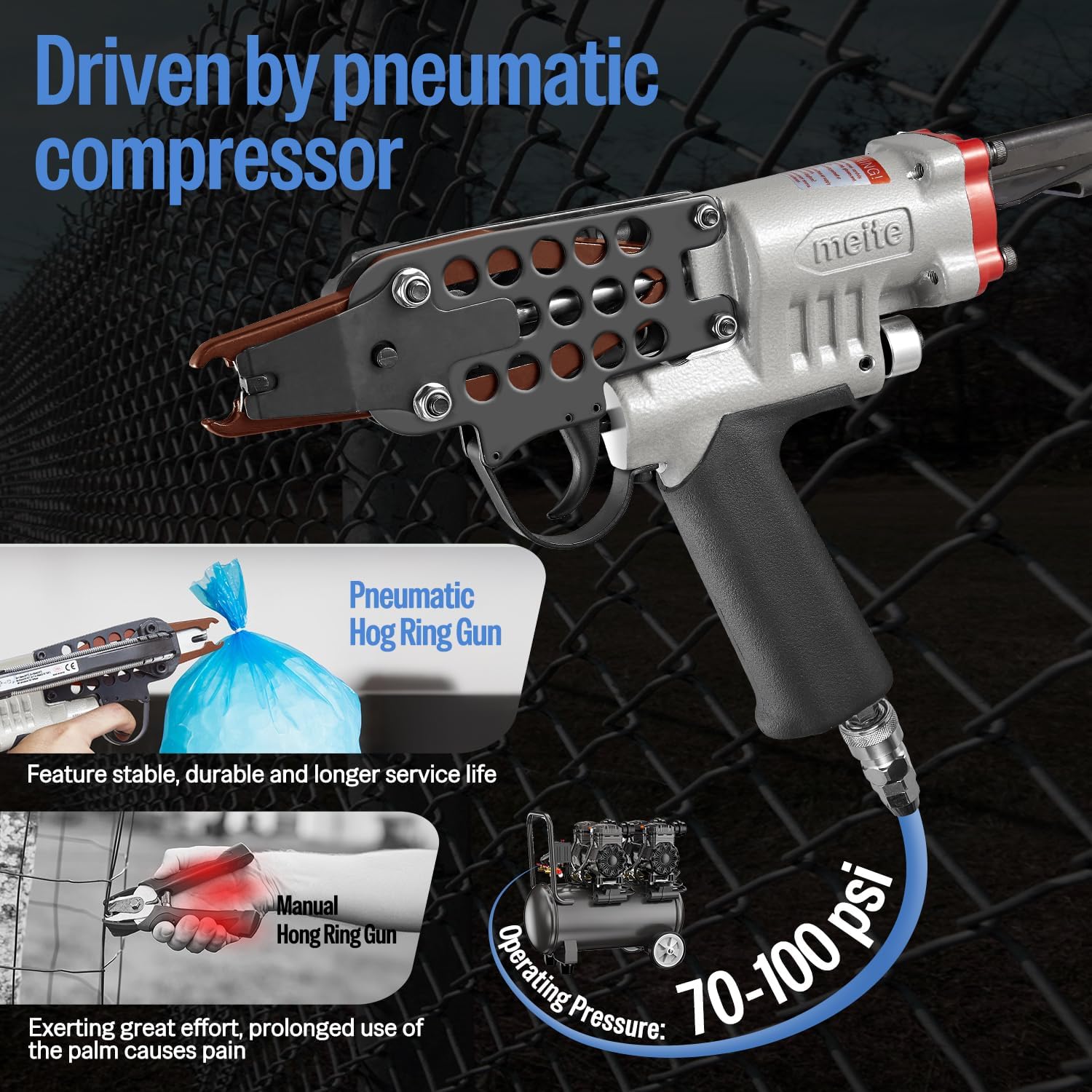 meite SC7E-I2 Pneumatic Hog Ring Gun with 2000PCS 15GA Hog Rings, 15 Gauge 3/4" Crown Extended Nose Hog Ring Pliers, 8.8 mm Closure, Upgrade Trigger Air C Ringer for Mattress Assembly