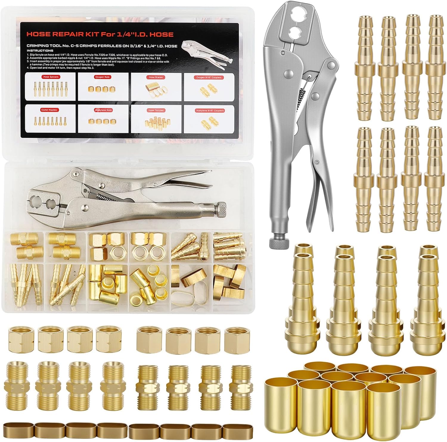 49Pcs Welding Hose Repair Kit,Torch Hose Repair Kit, for 3/16 to 1/4" ID Oxygen Acetylene Torch Hose Repair Kit,Type B Size 9/16",Include Fitting/Crimping Tool/Ferrule/Coupler/Brace/Splicer/Nipple/Nut