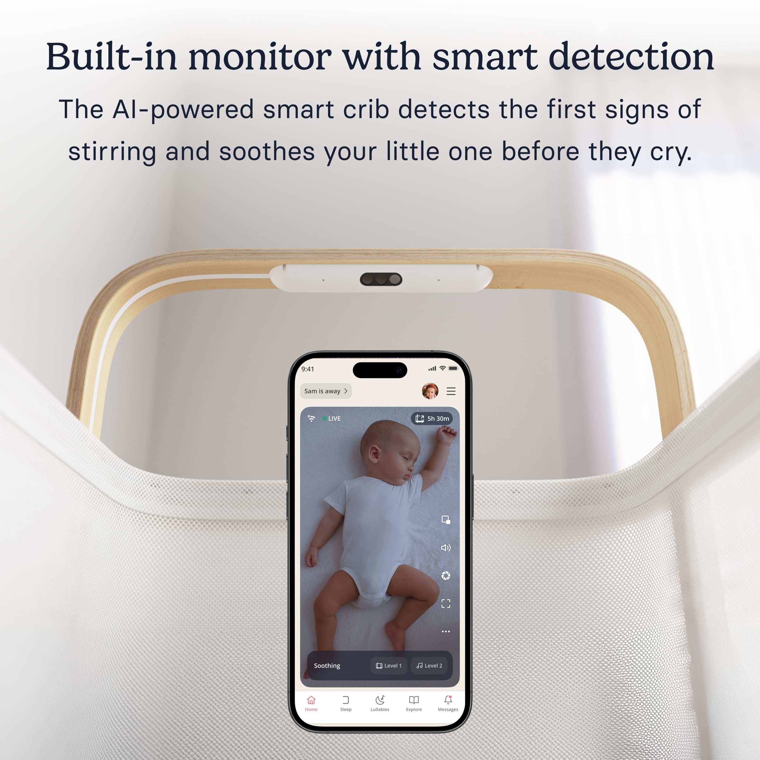 All-in-One Convertible Smart Bassinet and Crib with Built-in AI Baby Monitor Sound Machine and Auto-Soothing Bounce for Baby Sleep | 0-24 Months product thumbnail 6