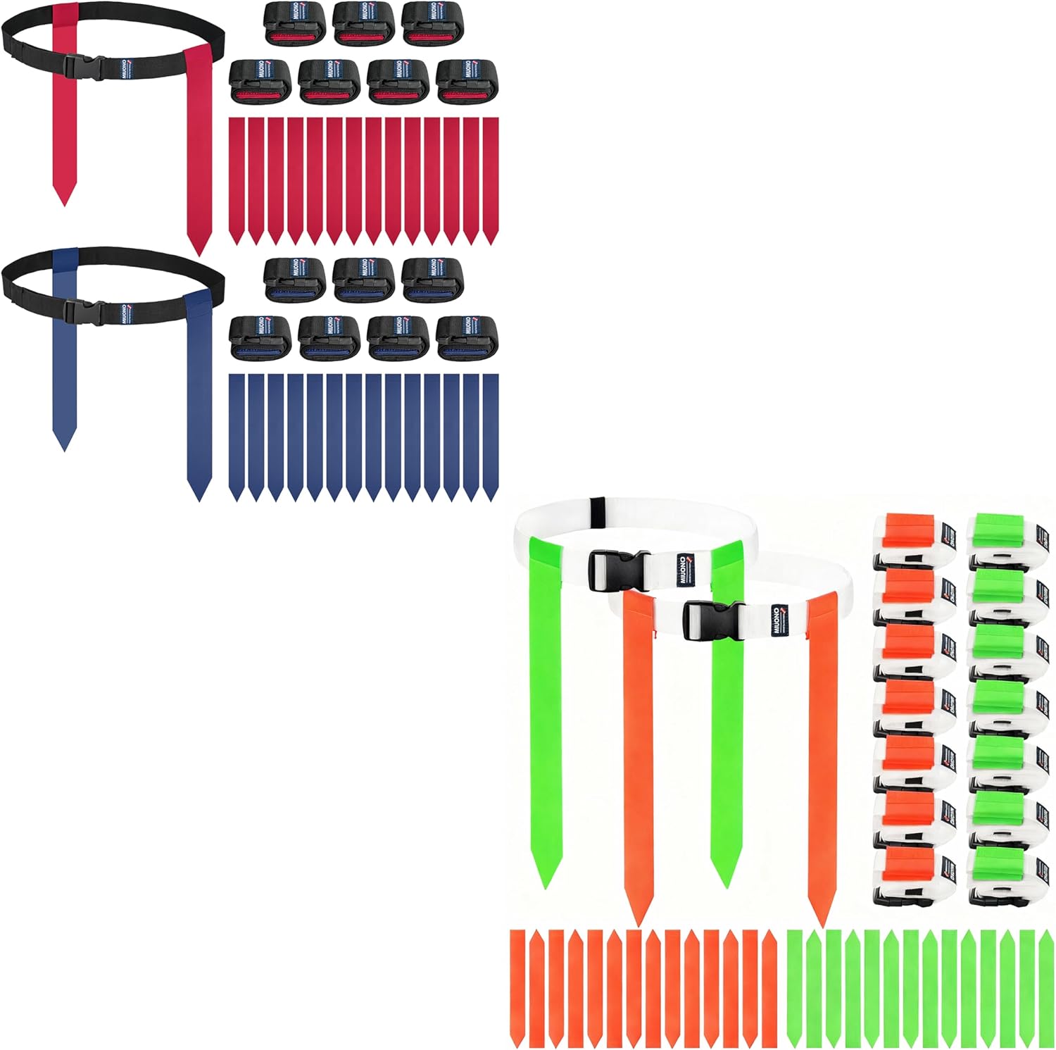 Flag Football Set, Adjustable Flag Belts with Red and Blue Flags and Orange and Bright Green Flag Football Belts for 28 Players Training Competition Bundle