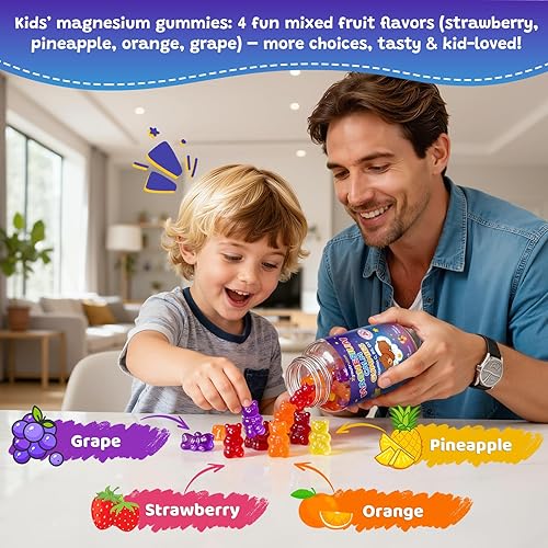 Miniatura 7 de Gomitas de glicinato de magnesio para niños y adultos, sabor a fruta sin azúcar, 60 unidades, suplemento de magnesio con L-teanina, vitamina B6, D3,