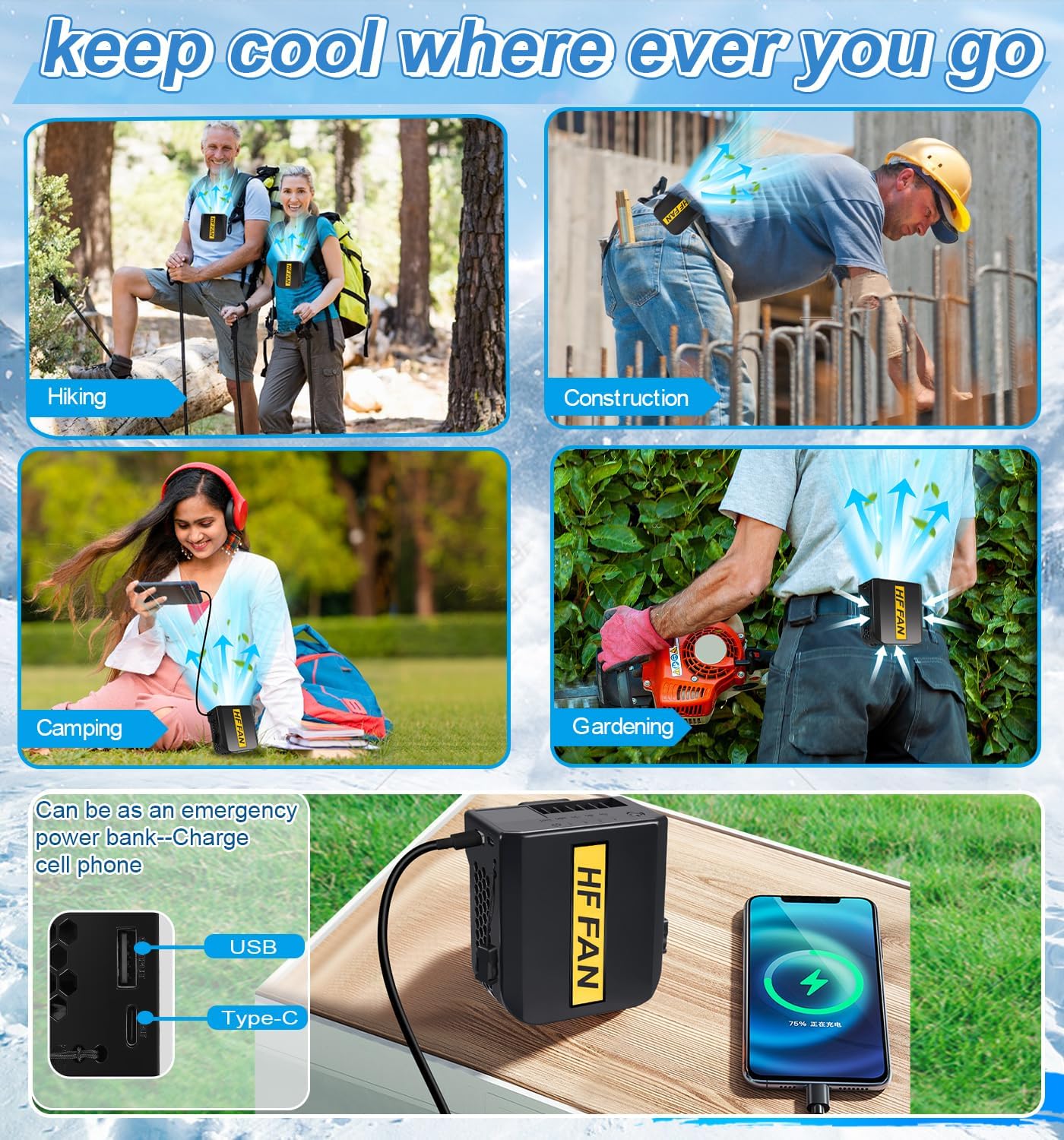 3-Intake Rechargeable Waist Fan – No Blocked Airflow 10000mAh Strong Wind Wearable Belt Fan for Outdoor Work or Travle Under Shirt Use