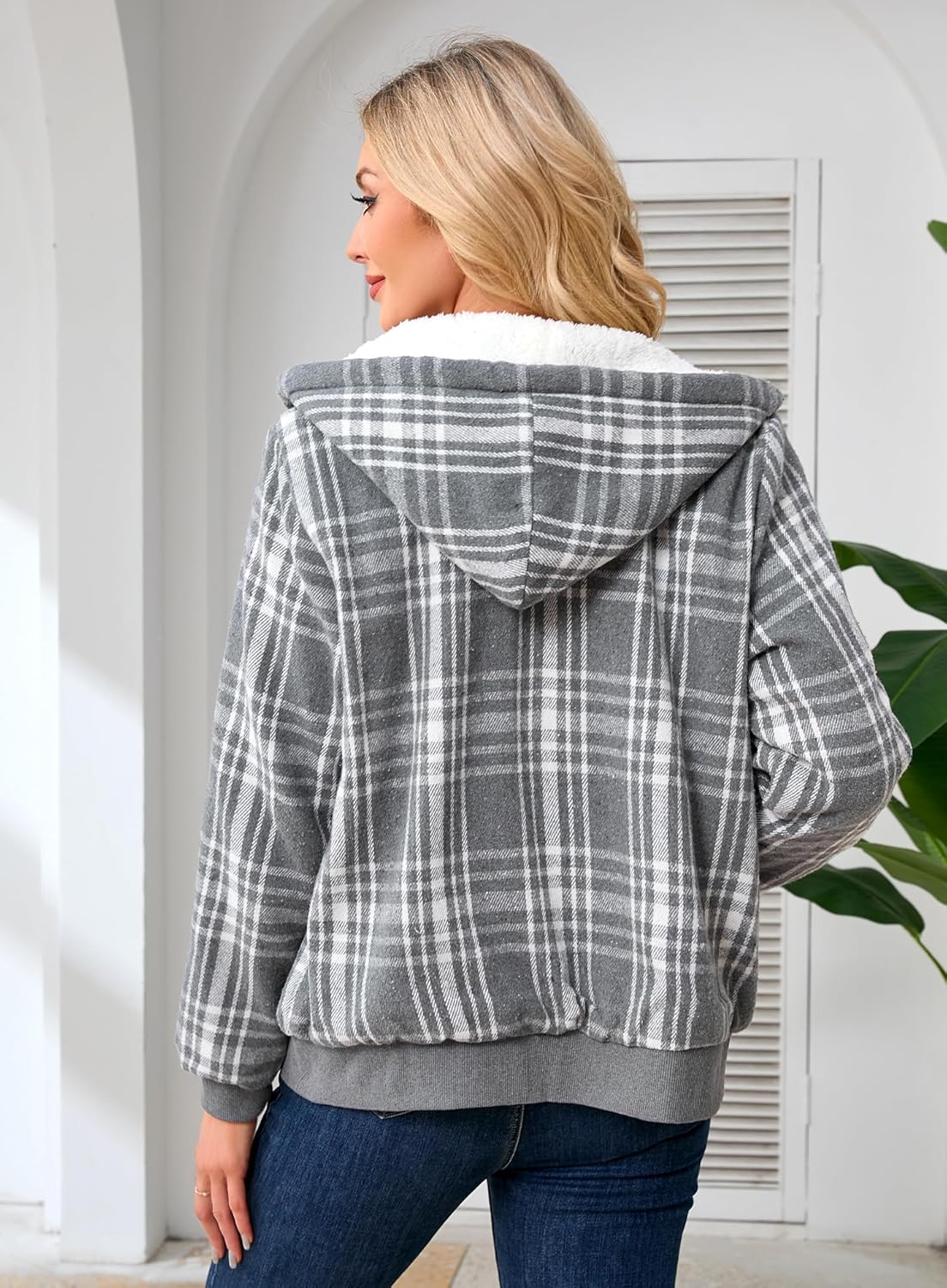 Shawnda Women's Flannel Casual Plaid Full Zip Up Sherpa Lined Hoodie Jacket Coat with Pockets - Image 3