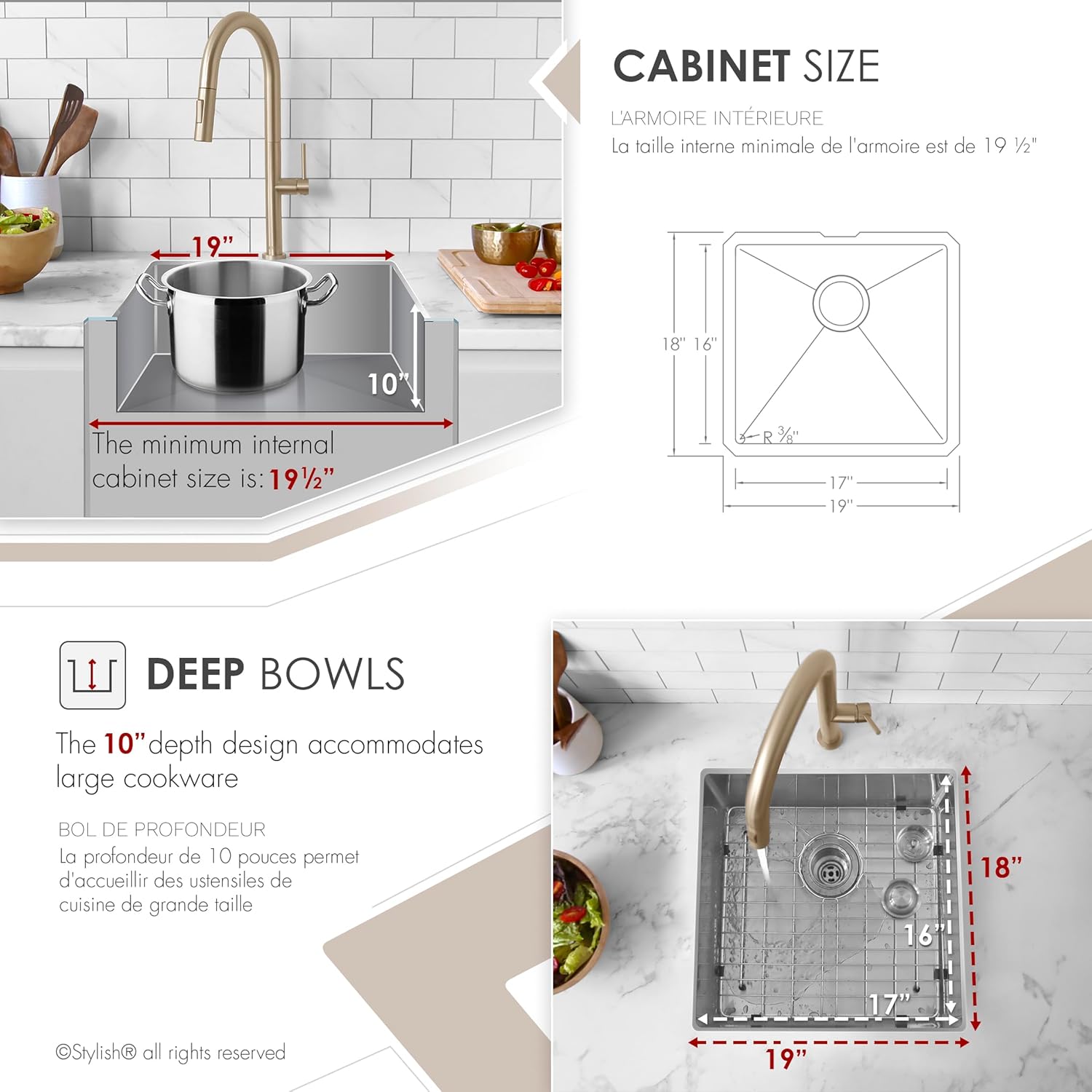Stylish 19 x 18 Inch Undermount Kitchen Sink 16G Stainless Steel 10mm Radius Corners Single Bowl Kitchen Sinks with Bottom Grid and Luxury Basket Strainer, S-308XG