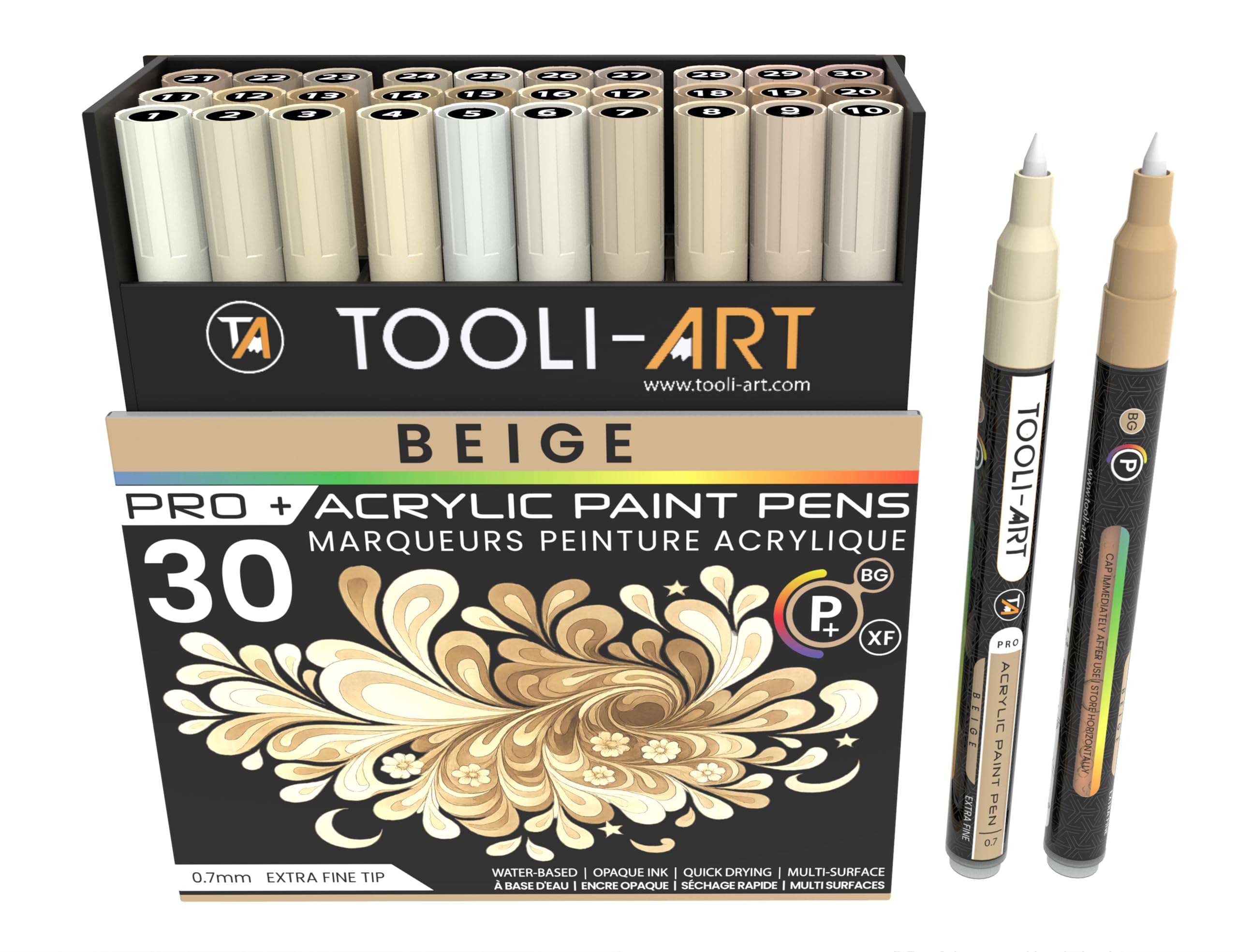 Lot de 30 marqueurs de peinture acrylique beige Pro + Color Series - Pointe extra fine de 0,7 mm - Pour peinture sur roche, verre, tasses, bois, métal, toile, bricolage, contour - Non toxique - À base