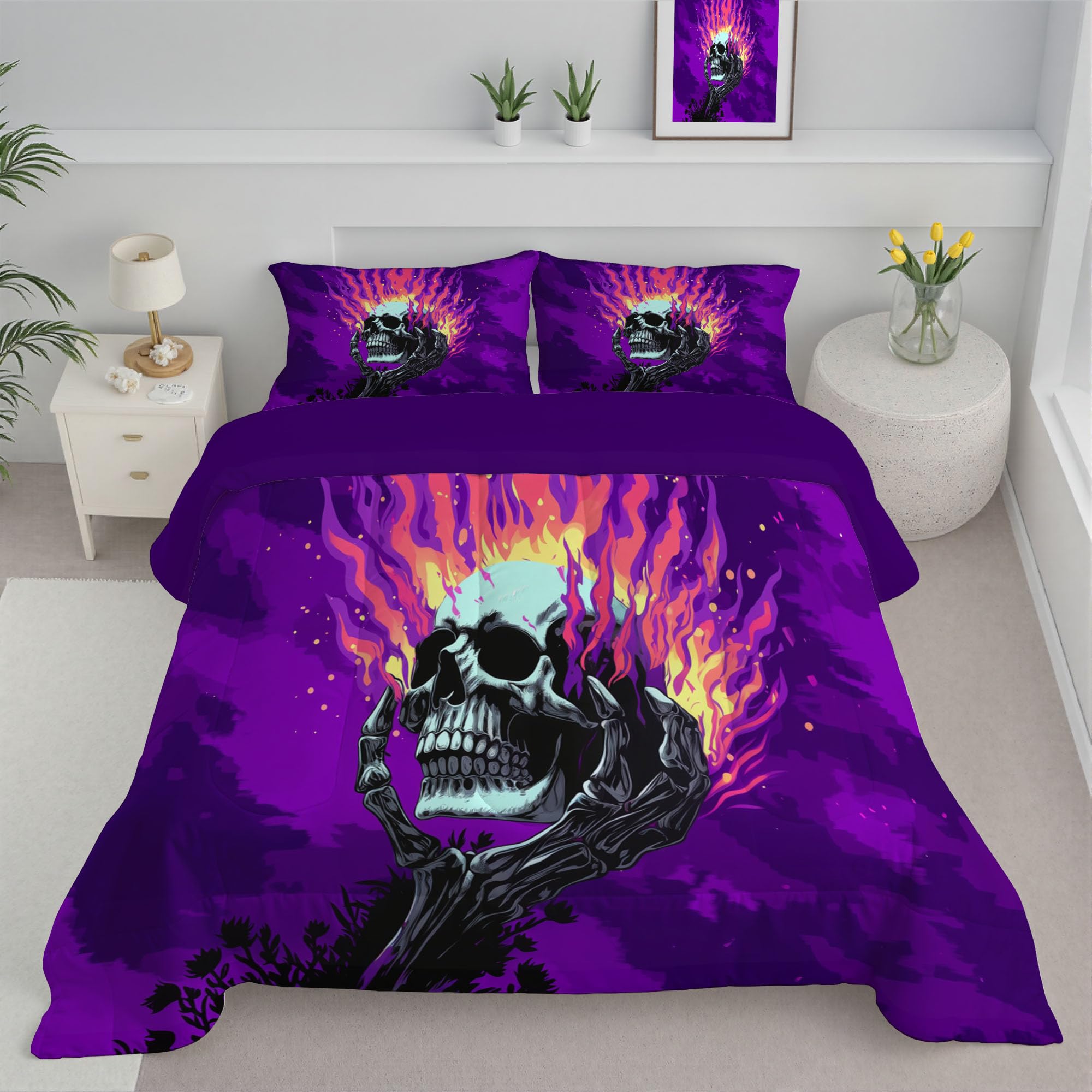 Couette 4 saisons réversible 260x230 cm en microfibre légère et respirante motif crâne