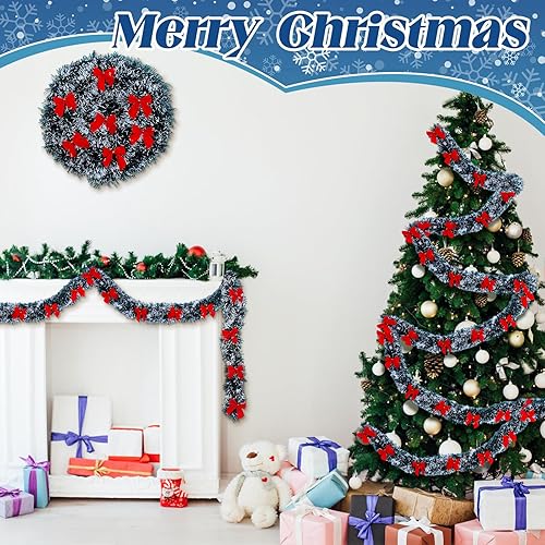 Miniatura 5 de Riceshoot Guirnalda de oropel de Navidad de 131.23 pies con lazo rojo metálico brillante colgante guirnalda para fiesta de Navidad, árbol, escalera,