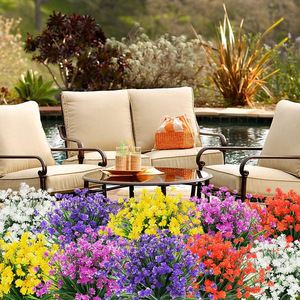 20 Bundles Outdoor Artificial Fake Flowers UV Resistant Shrubs Plants, Faux Plastic Greenery for Indoor Outside Hanging Plants Garden Porch Window Box Home Wedding Farmhouse Decor (Purple)