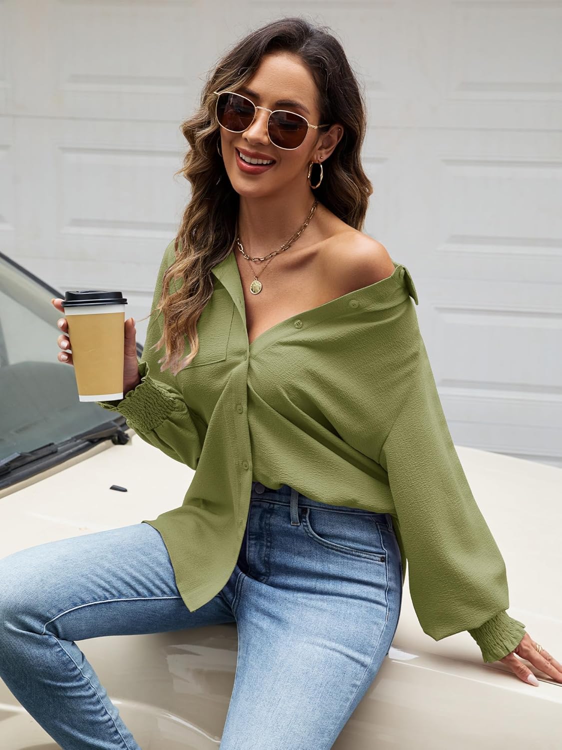 Women's Button Down Shirts Puff Sleeve Oversized Blouses Boyfriends Loose Tunics Casual Work Tops with Pocket（Avocado Green Shirt XL - Image 6