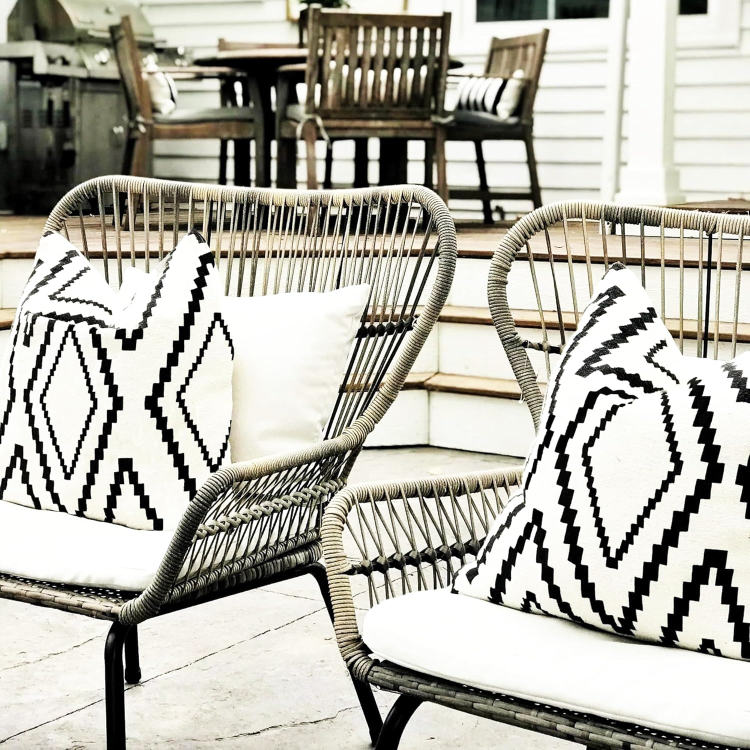 Outdoor Pillow Covers Set of 2, Waterproof Boho Throw Pillow Covers Geometric Pillow Cases for Patio Garden, White More (Black&White-02, 24x24 Inch)
