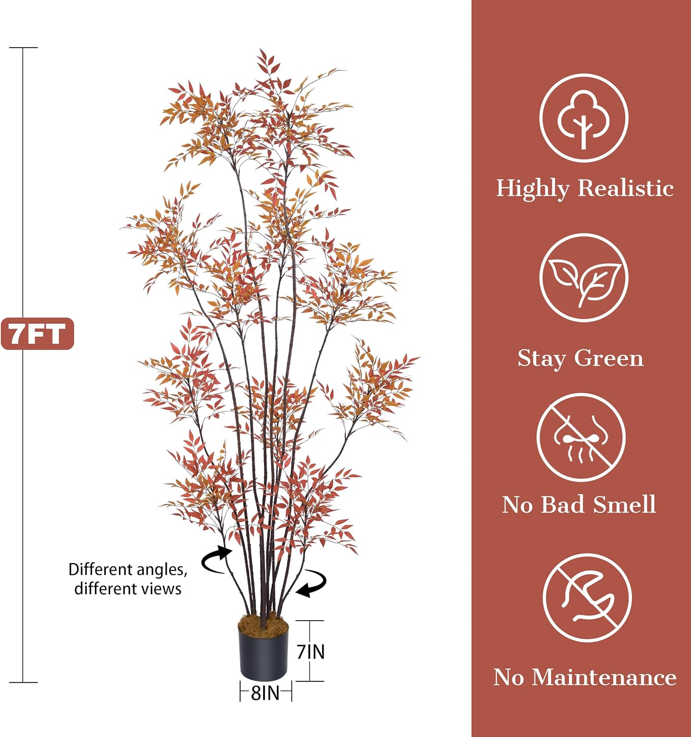 Artificial Red Nandina Domestica Tree 7FT with 1573 Leaves & 11 Heads Mahonia Fortunei Tall Large Fake Faux Tropical Plant 84 Inch Black Pot for Indoor Home Office Store Corner Modern Decor