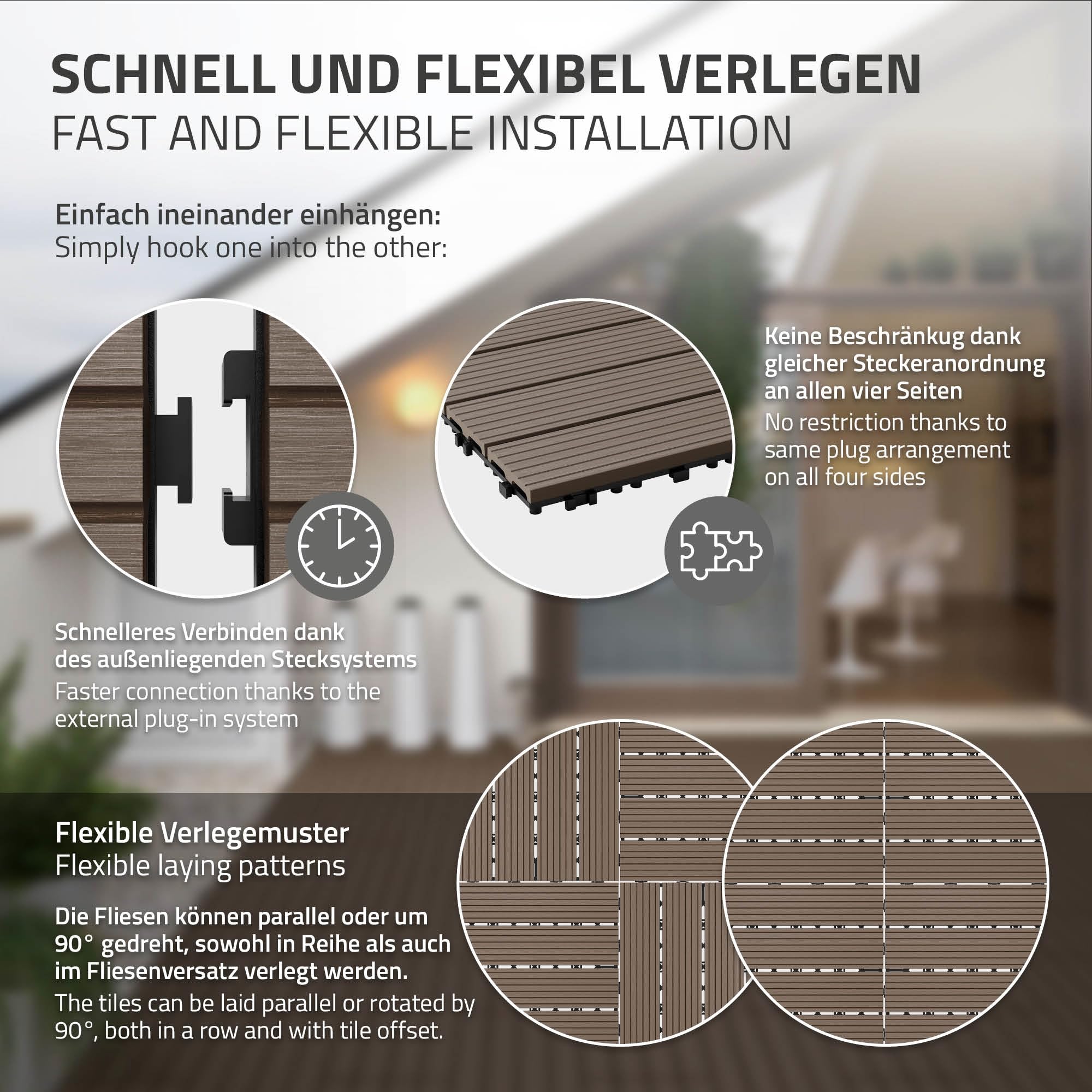 ECD Germany WPC Terrassenfliesen 60x30 cm/6 Stück=1m² Dunkelbraun, geriffelt, Holzoptik, Bodenbelag mit Klicksystem und Drainage, Terrassendielen Balkonfliesen, Klickfliesen für Terrasse Garten Balkon
