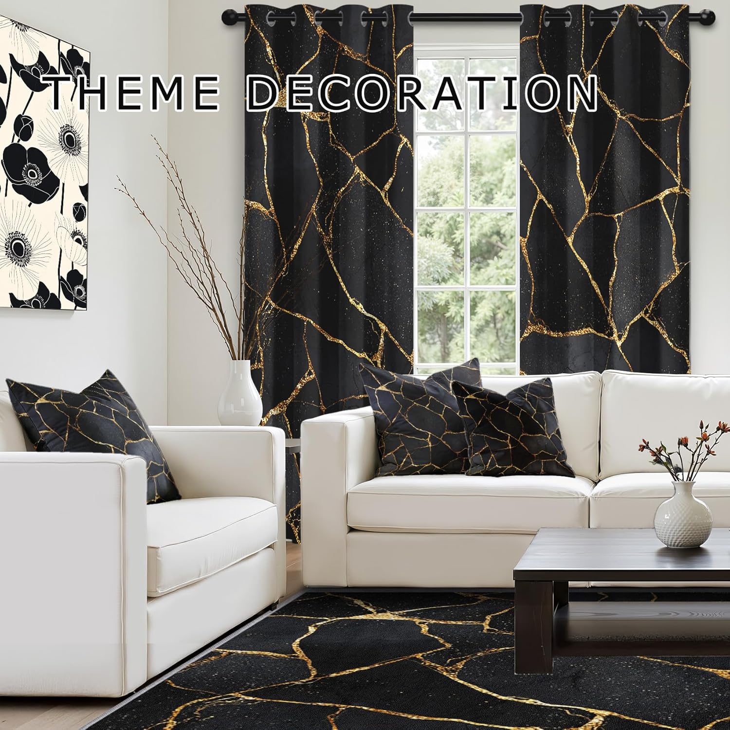 Marble Couch Pillow Covers - 24x24 Throw Pillow Covers Set of 2, Black and Gold Abstract Modern Double Sided Print Pillowcases for Couch Living Home Decor #M154