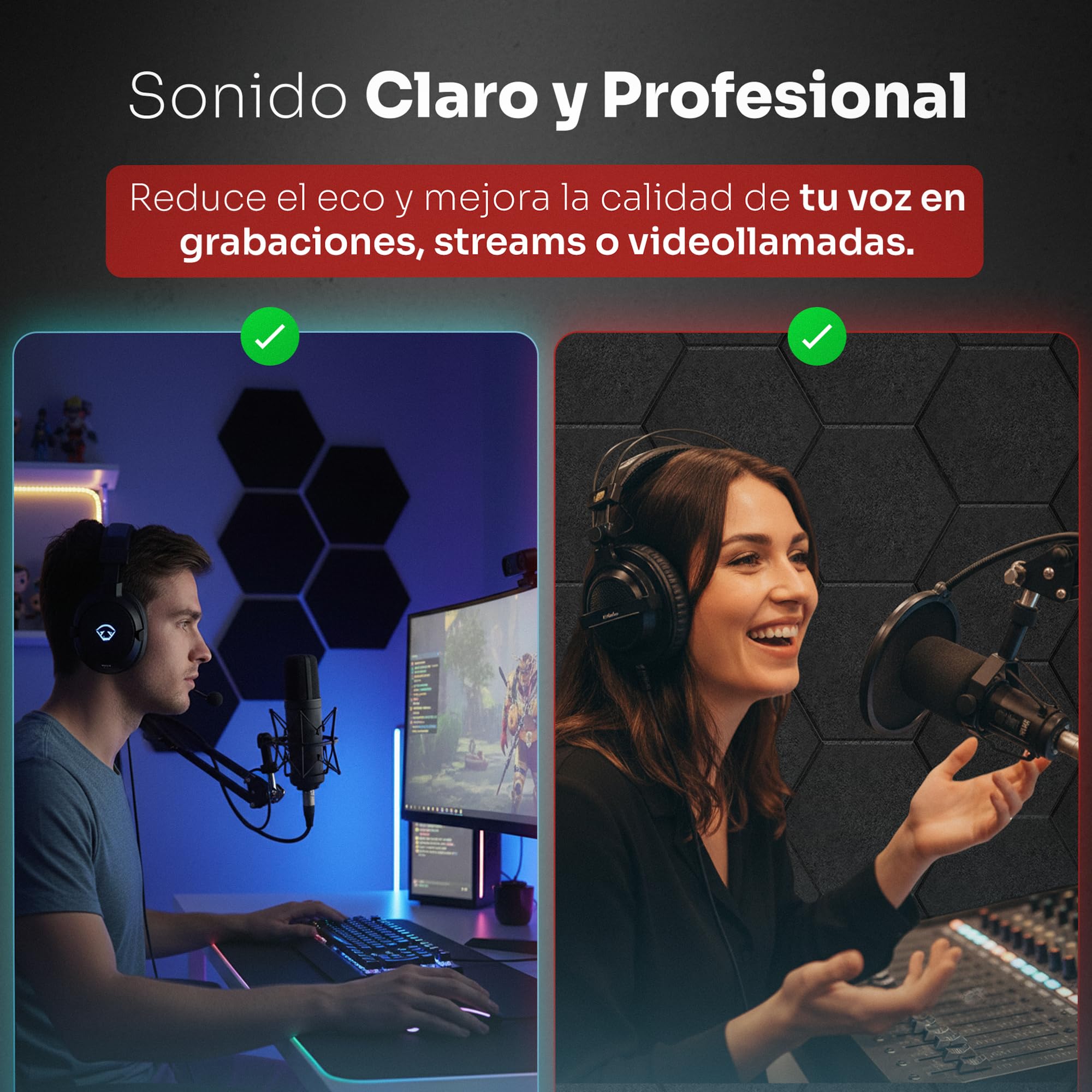 12 Paneles Acústicos Autoadhesivos de Alta Densidad para Pared y Techo, Diseño Decorativo para Reducir Eco en Habitación, para Podcasts, Gaming, Estudio y Oficina (Negro, 30x26cm)