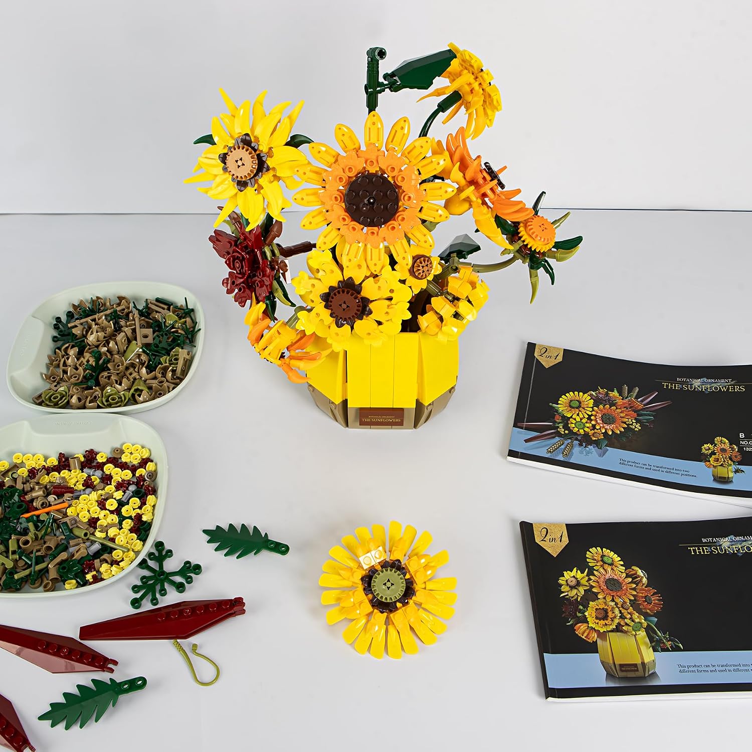 2 in 1 Sunflower Building Blocks Set for Adults - 1328 Pcs Artificial Flower Bouquet Model Kit with Vase, DIY Craft Hobby Home Decor Table Centerpiece, for Women Her