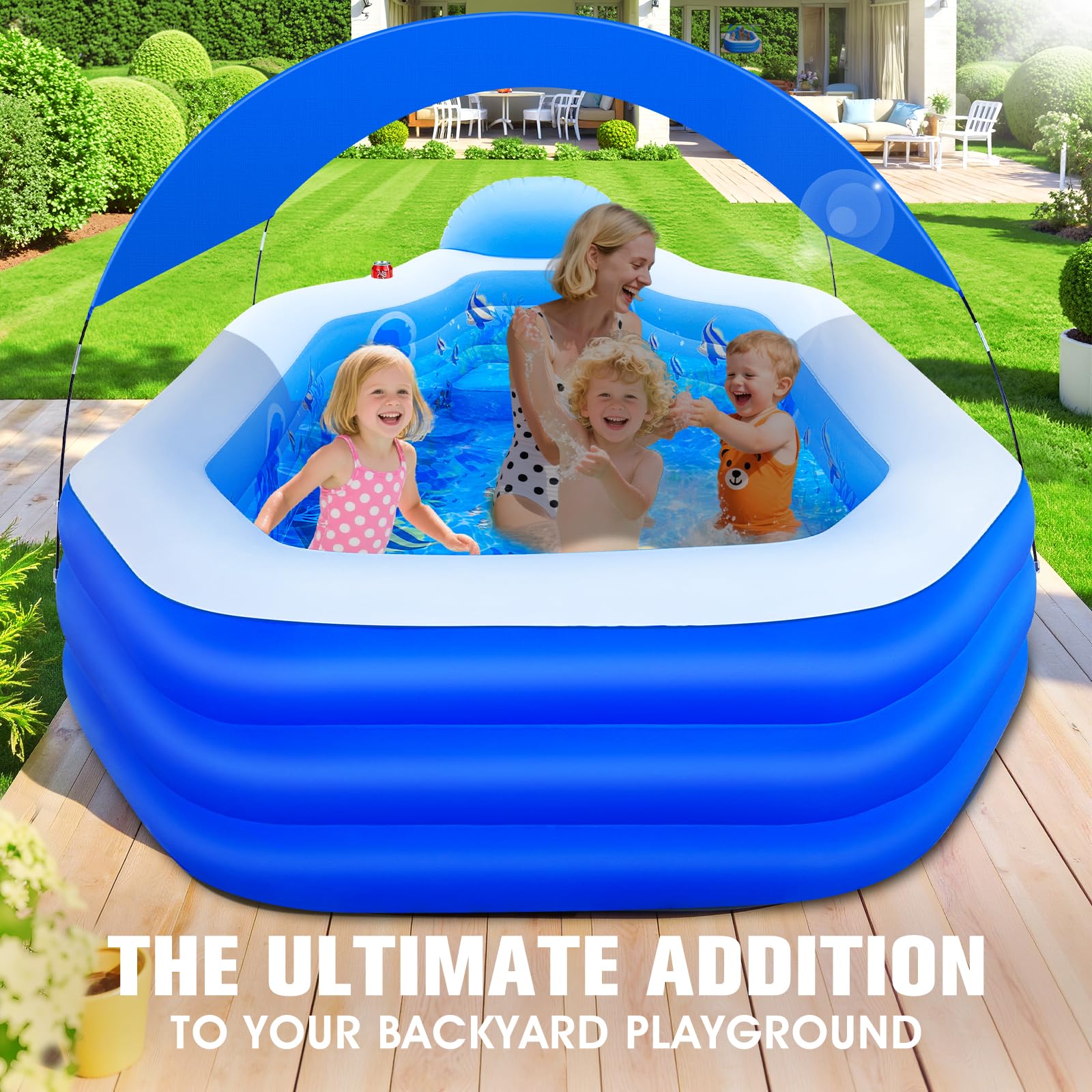 ChlorBlu Piscina Hinchable Grande con Toldo, 300x190x55cm Piscina Hinchable Adultos, Piscinas Hinchable Rectangular Resistentes y Gruesas, Piscinas Hinchable Familiar para Jardín Exterior