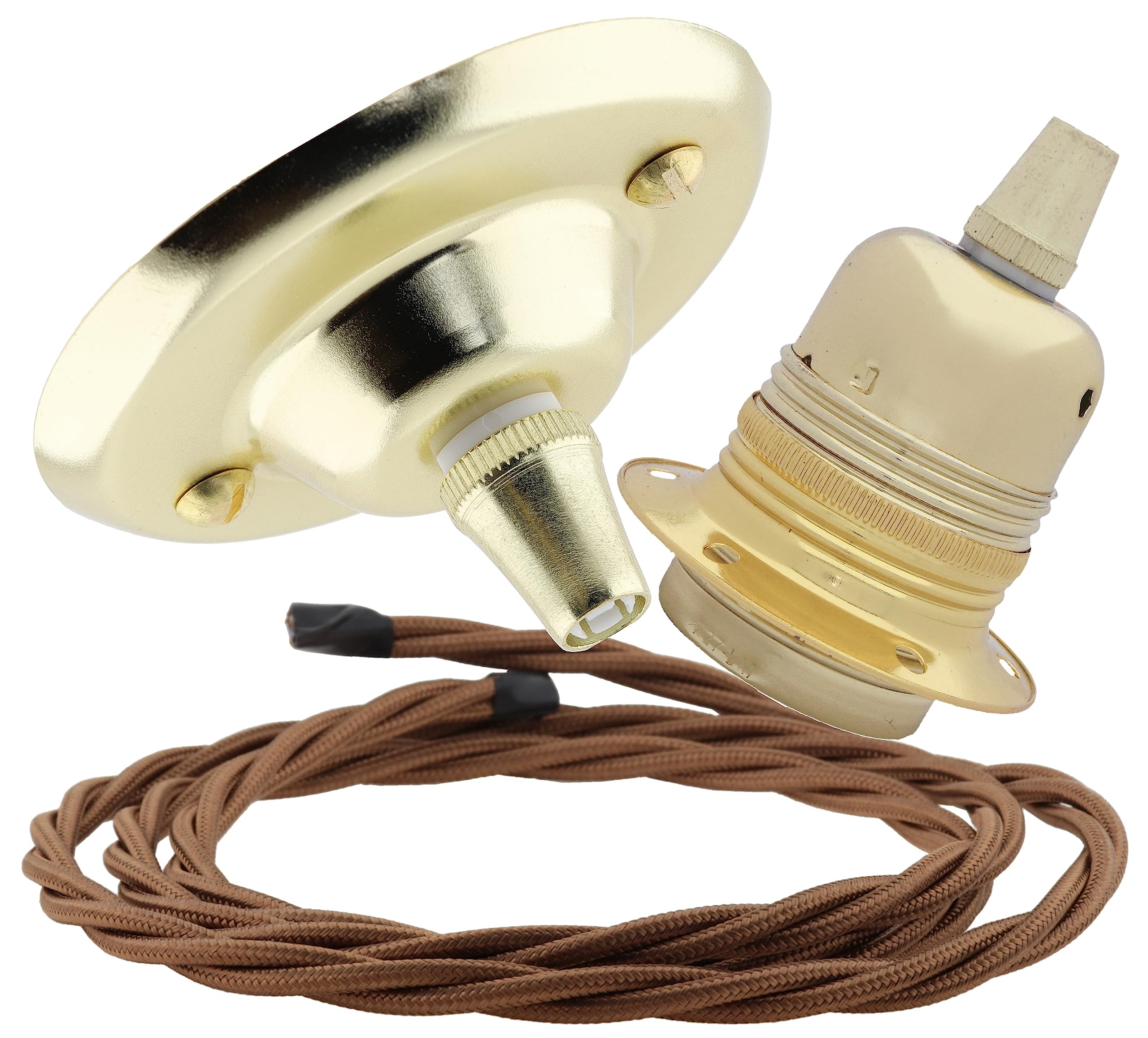 Repaireum Ltd. Vintage Styled Ceiling Pendant Kit incl. Polished Brass Effect Rose, E27 Bulb Holder and 3 Core Mocha Brown Braided Twisted Flex