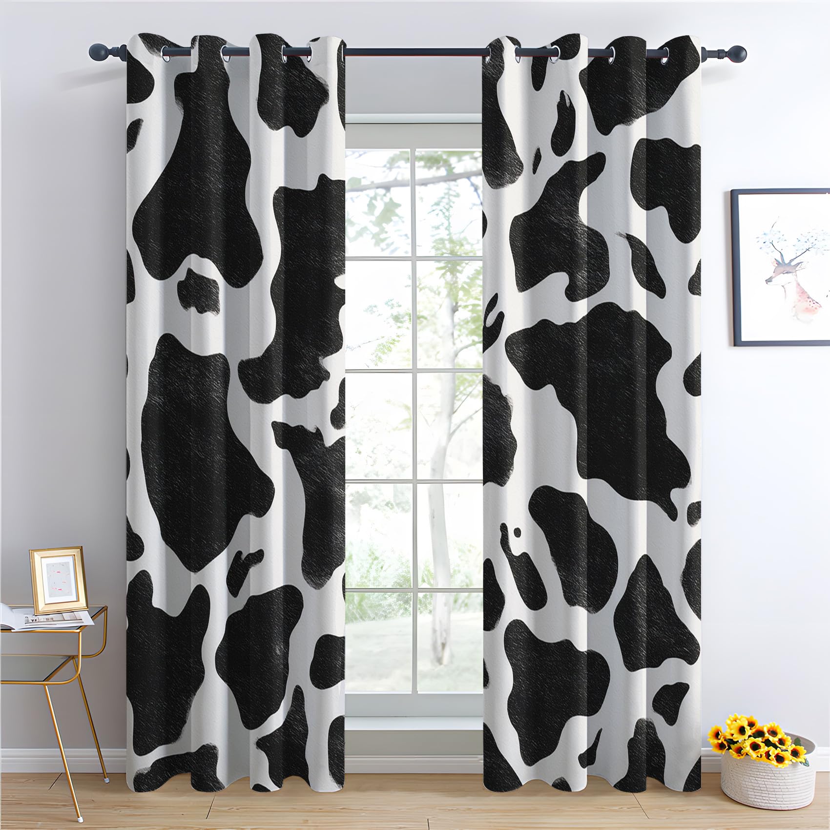 Venivici Cow Print Blackout Curtains for Bedroom Living Room - 54 Inch Drop Curtains Eyelet, Cowhide Black and White Patterned Window Treatments, Thermal Insulated Drapes 66x54 2 Panels