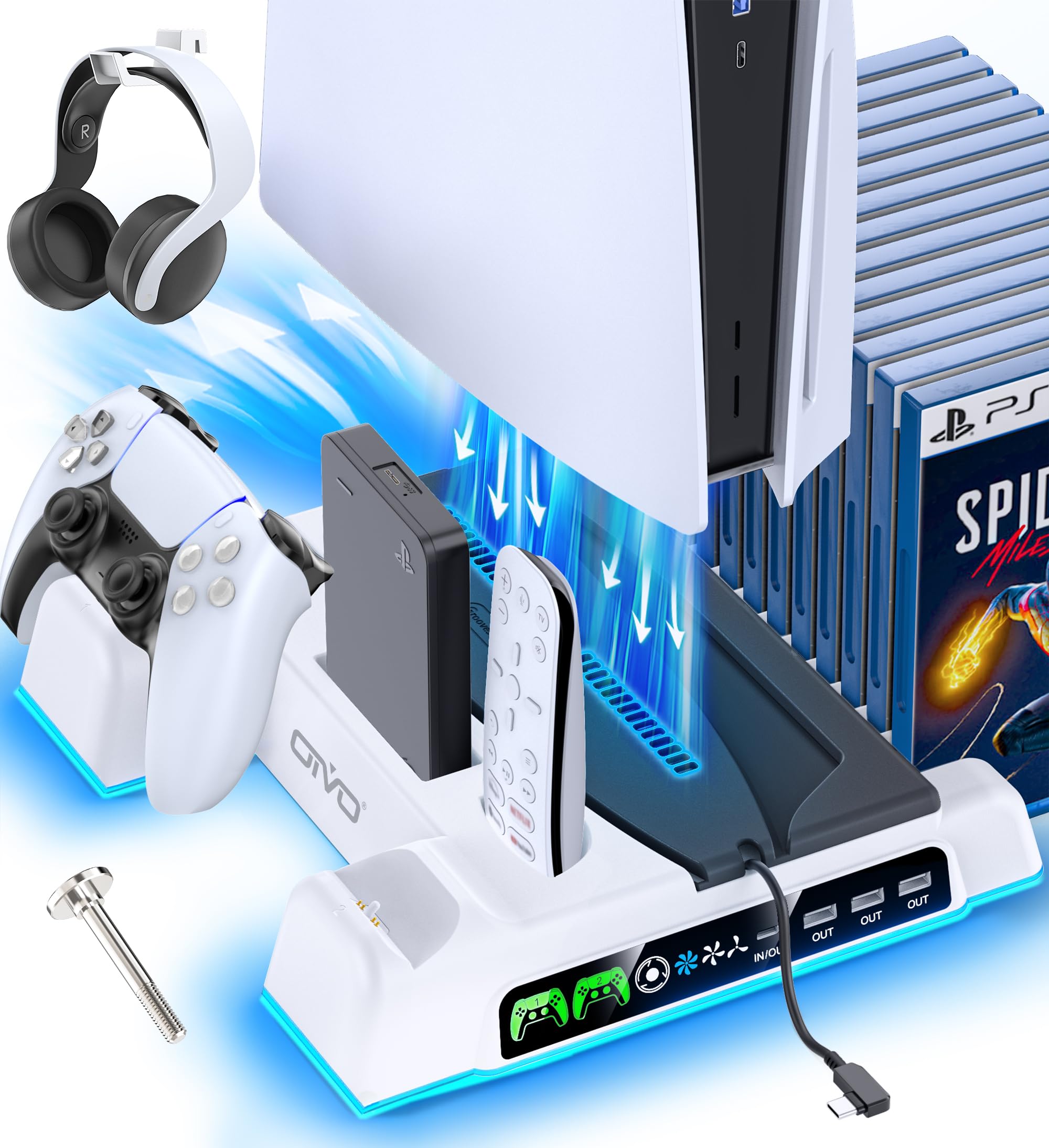 OIVO PS5/Slim/Pro Stand and Cooling Station with LED Controller Charging Station for PlayStation 5 Console, Controller Charger, Cooling Stand, PS5/Slim/Pro Accessories Kit with 3 Level Cooler Fan White & Black