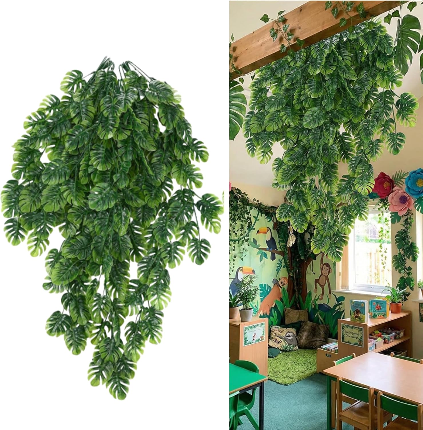 10 Pack Rainforest Jungle Leaves Tropical Hanging Plant Vbs Decorations Safari Party Decorations 2026 Artificial Palm Leaves Garland Vacation Bible School Waterfall Church Classroom Decor