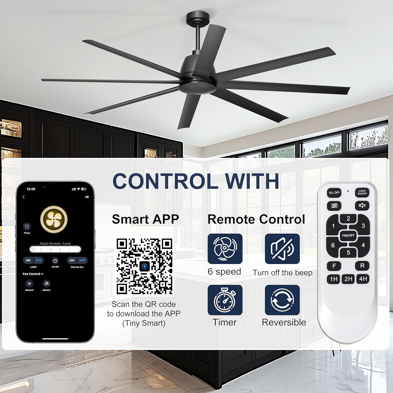 72'' Ceiling Fan no Light - Remote & APP Control, 6 Speed Reversible DC Motor Covered Outdoor Fan for Patio, Shop, Garage, Black without Light