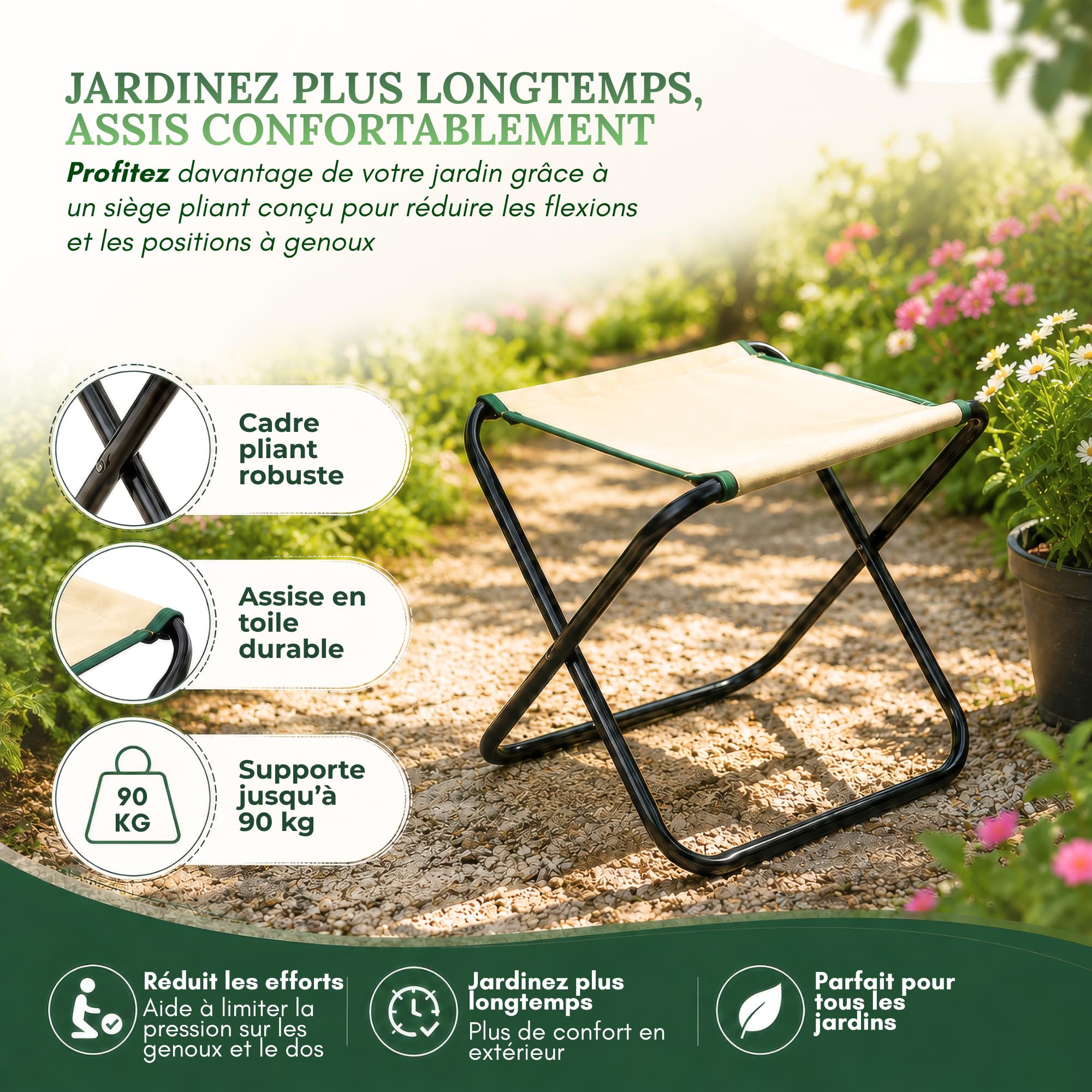 GardenHOME Kit Complet d'Outils de Jardinage - 7 Pièces, Acier Inoxydable Robuste, Tabouret Pliant Solide, Sac à Outils Détachable