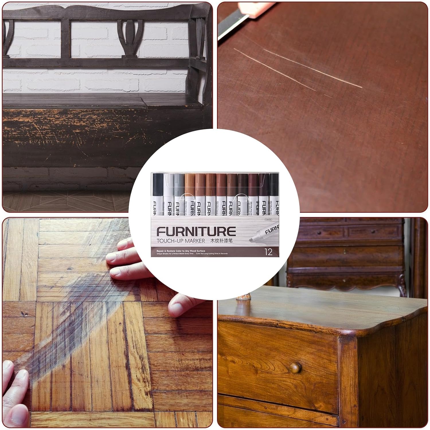 Wood Furniture Markers, 12 Colors 21.2x13.7cm Low Odor Scratch Removers, PP Material, for Home, Office, DIY, Furniture Repair, Tables, Cabinets, Chairs