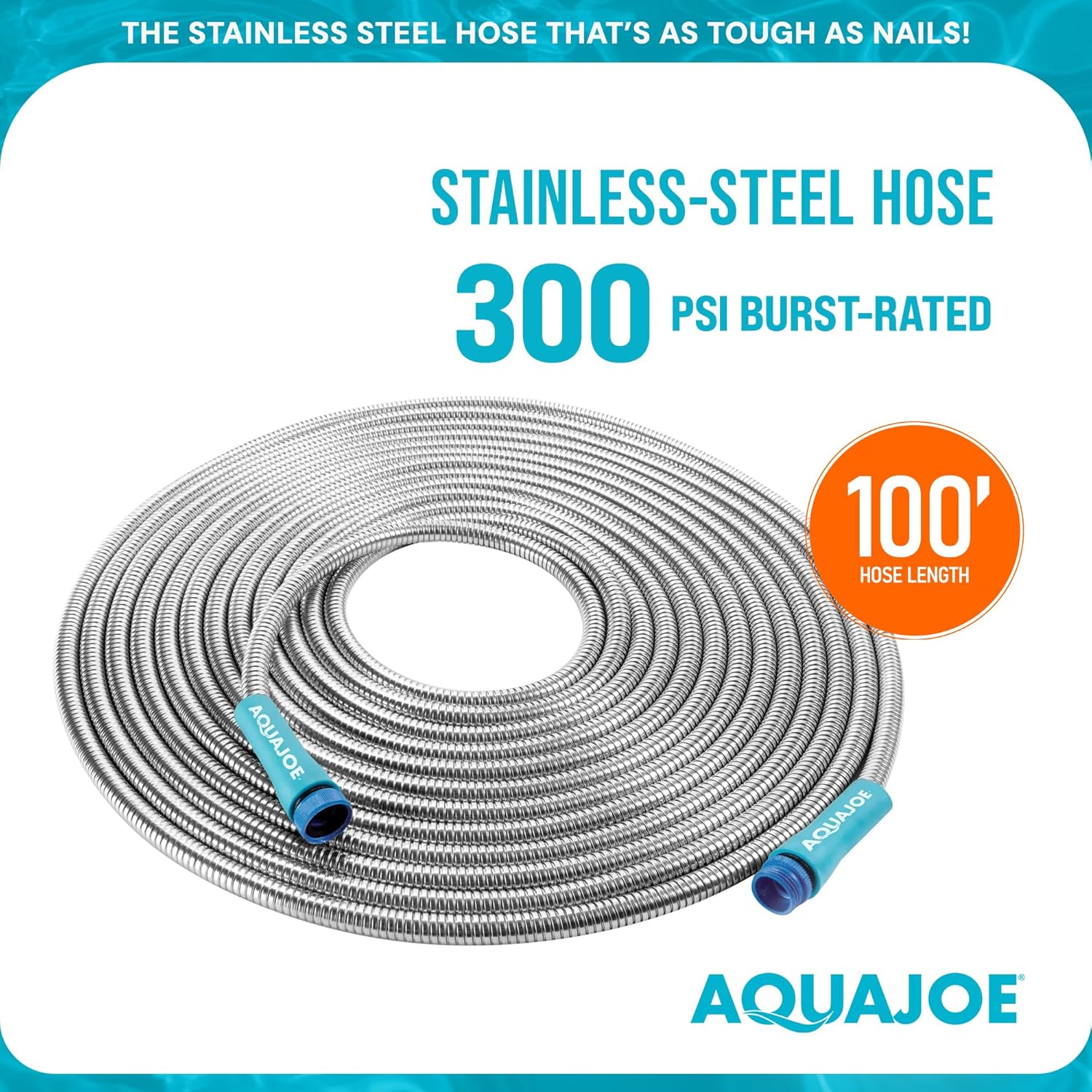 Aqua Joe AJSGH100 1/2-Inch Heavy-Duty, Puncture Proof Kink-Free, Spiral Constructed 304-Stainless Steel Metal, Garden Hose, 100-Foot
