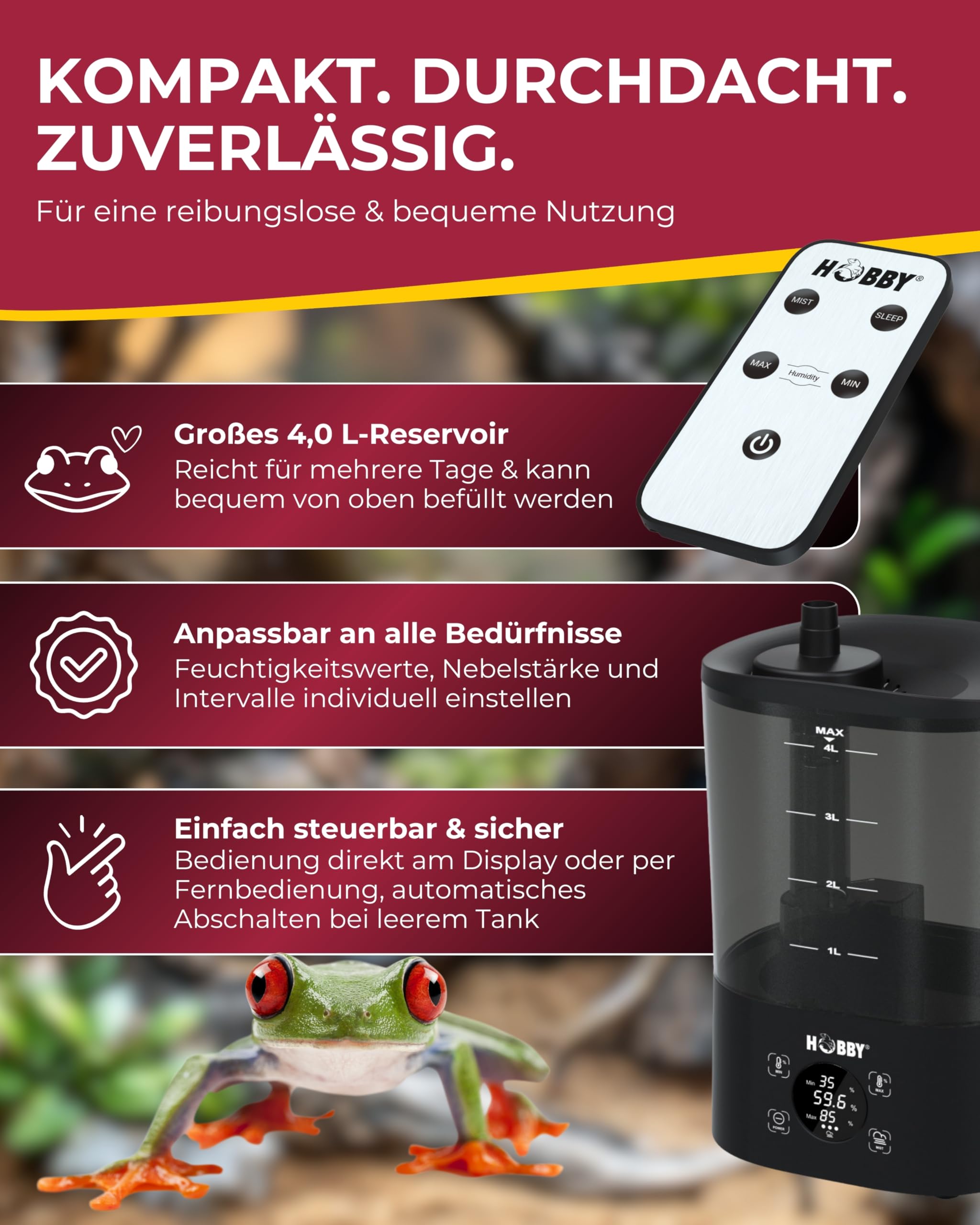 Hobby Terraristik Hygro Fog System I automatische Benebelungsanlage für Terrarien I inkl. Controller, Sensor und Fernbedienung I Terrarium Luftbefeuchter I effizientes und leises Benebelungssystem
